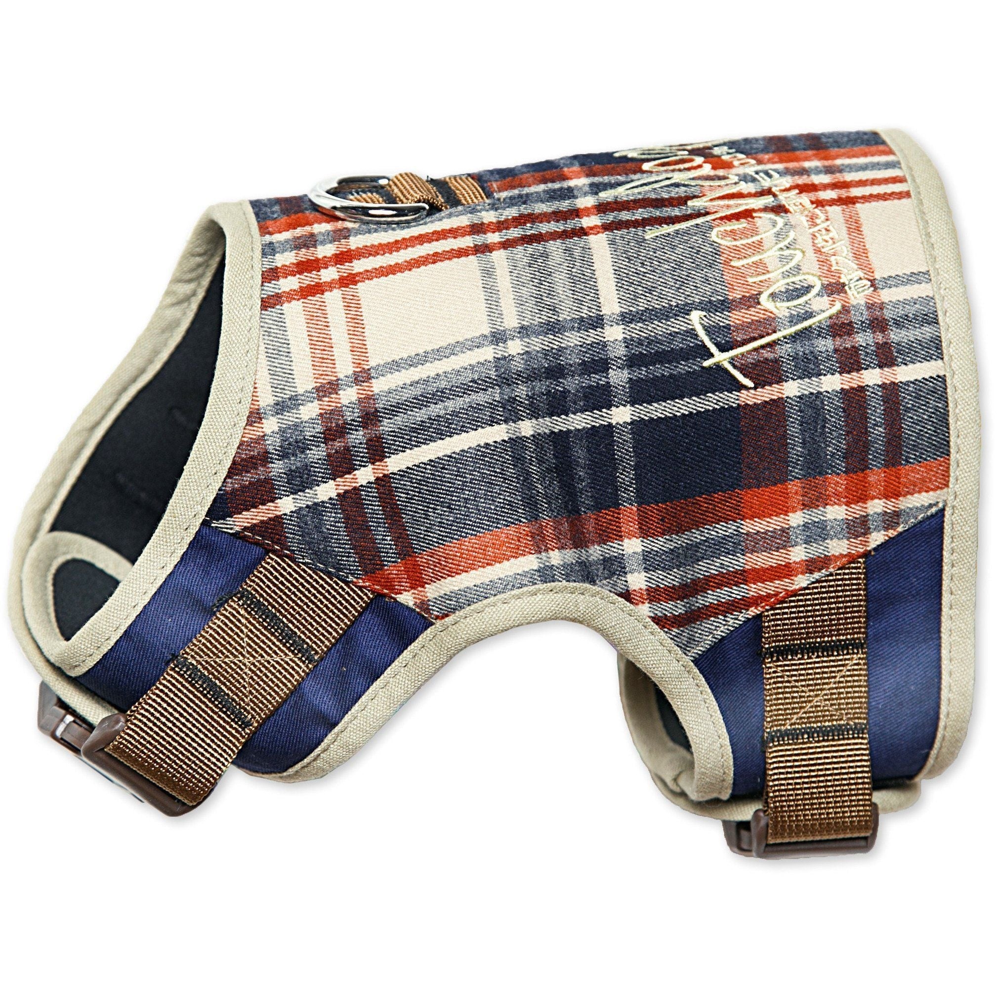 Blue plaid 2-in-1 dog harness with leash, adjustable straps and buckle clips
