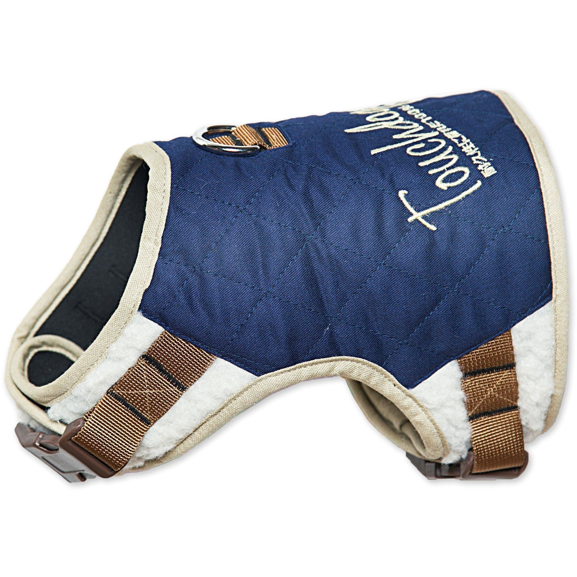 Royal blue 2-in-1 dog harness with leash, tan plaid webbing straps and clips