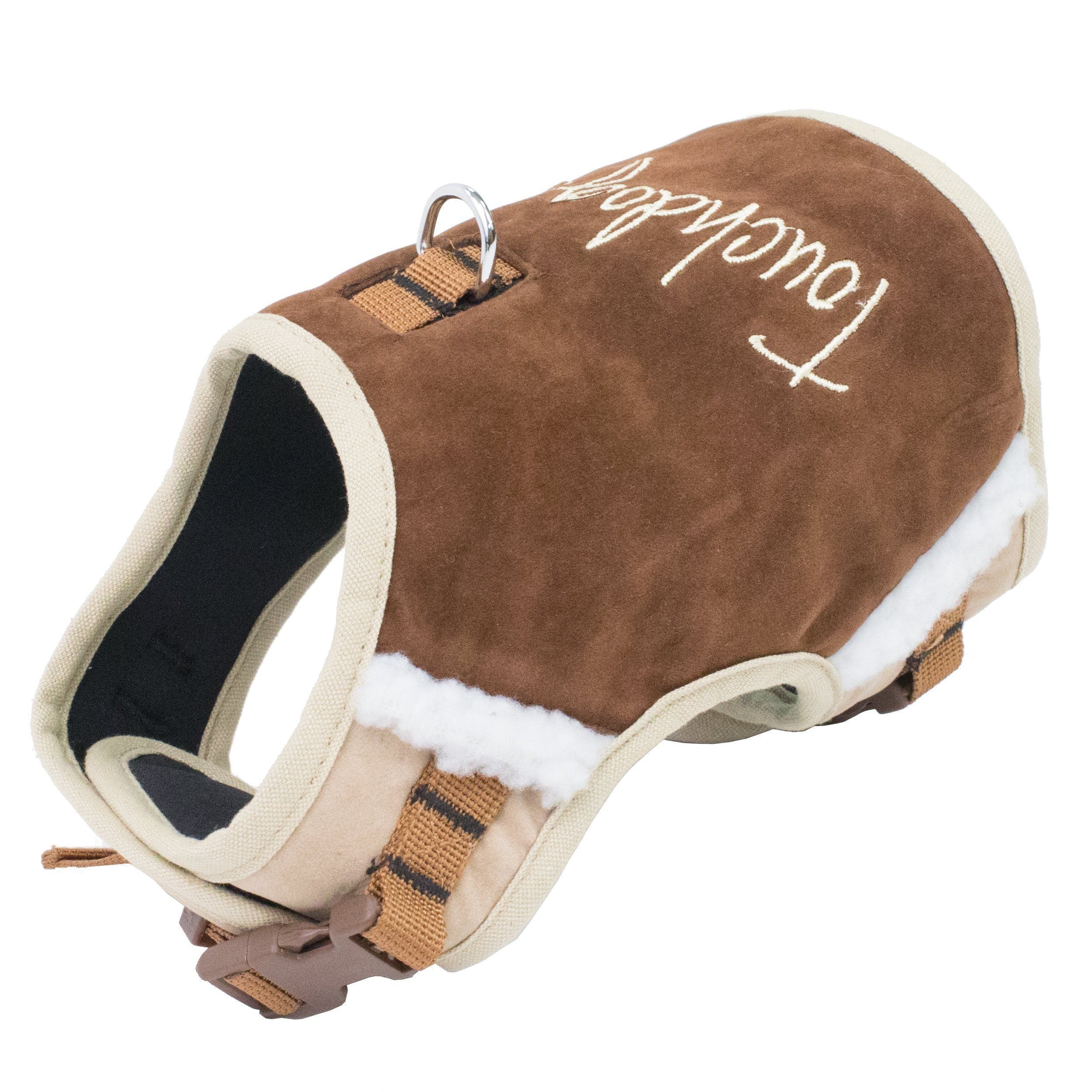 Dark choco brown dog harness, side view with leash ring, plush trim and adjustable straps
