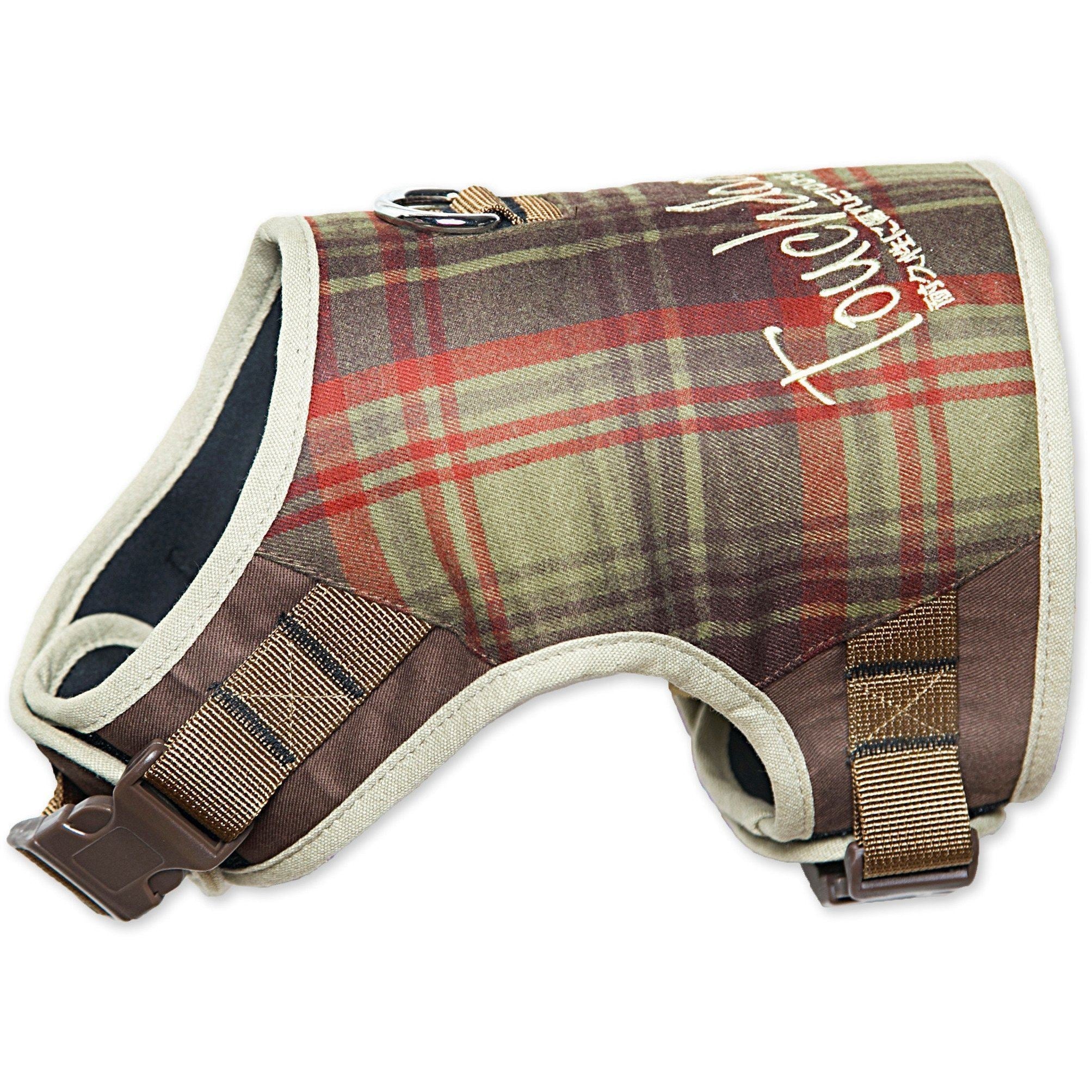 Brown plaid 2-in-1 dog harness with leash, adjustable straps and buckle clips