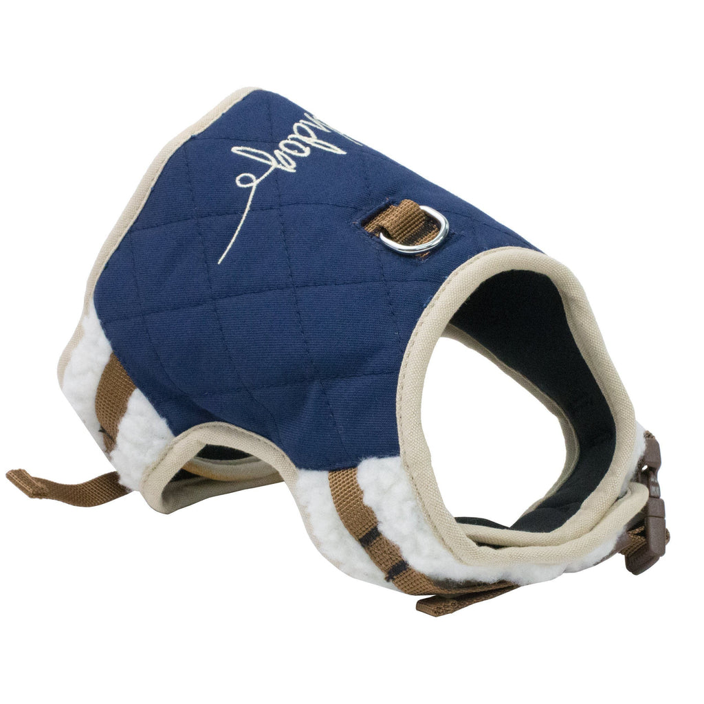 Navy dog harness with quilted fabric, faux-fur trim, and metal front ring