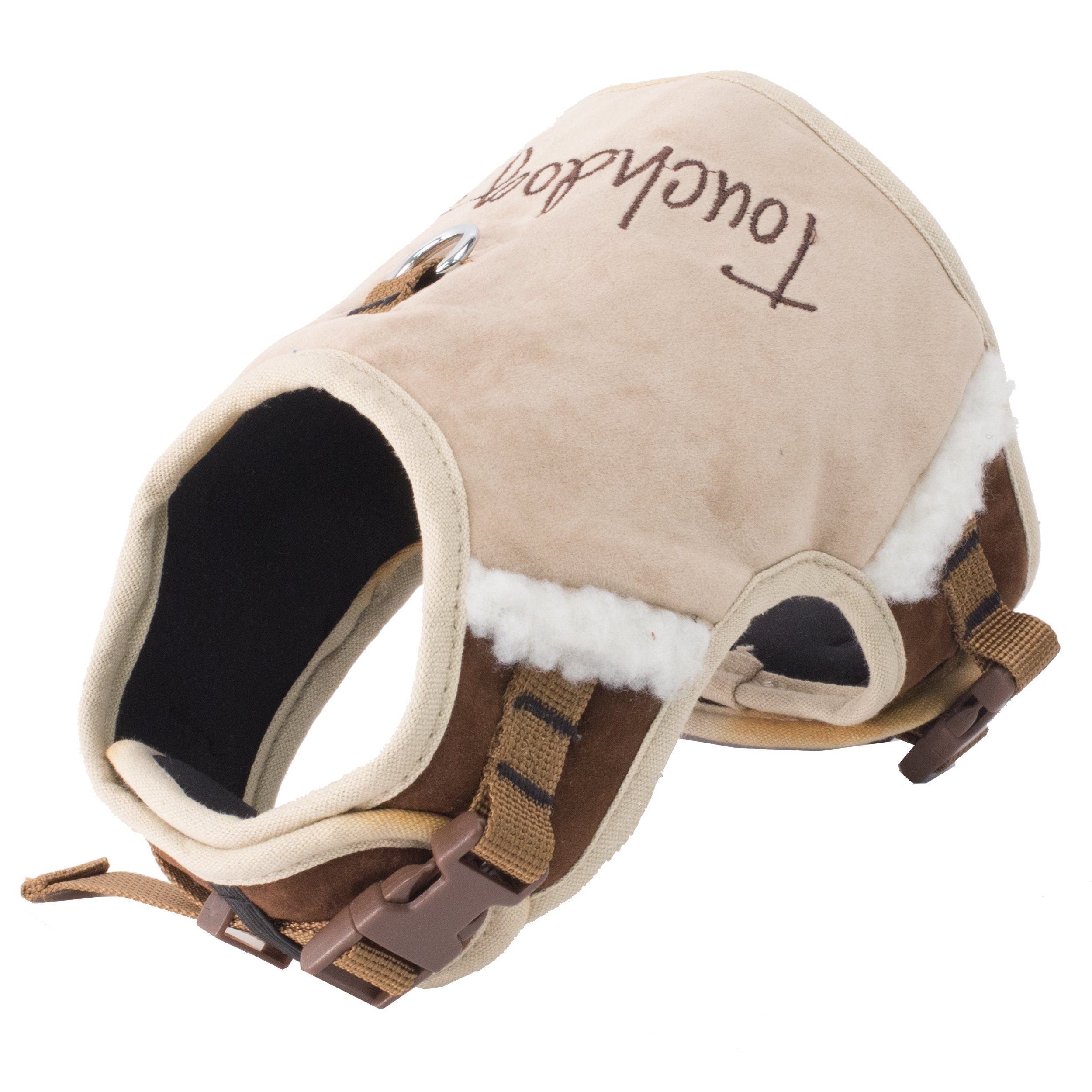 Light sand brown dog harness, side view with leash ring, plush lining and brown straps