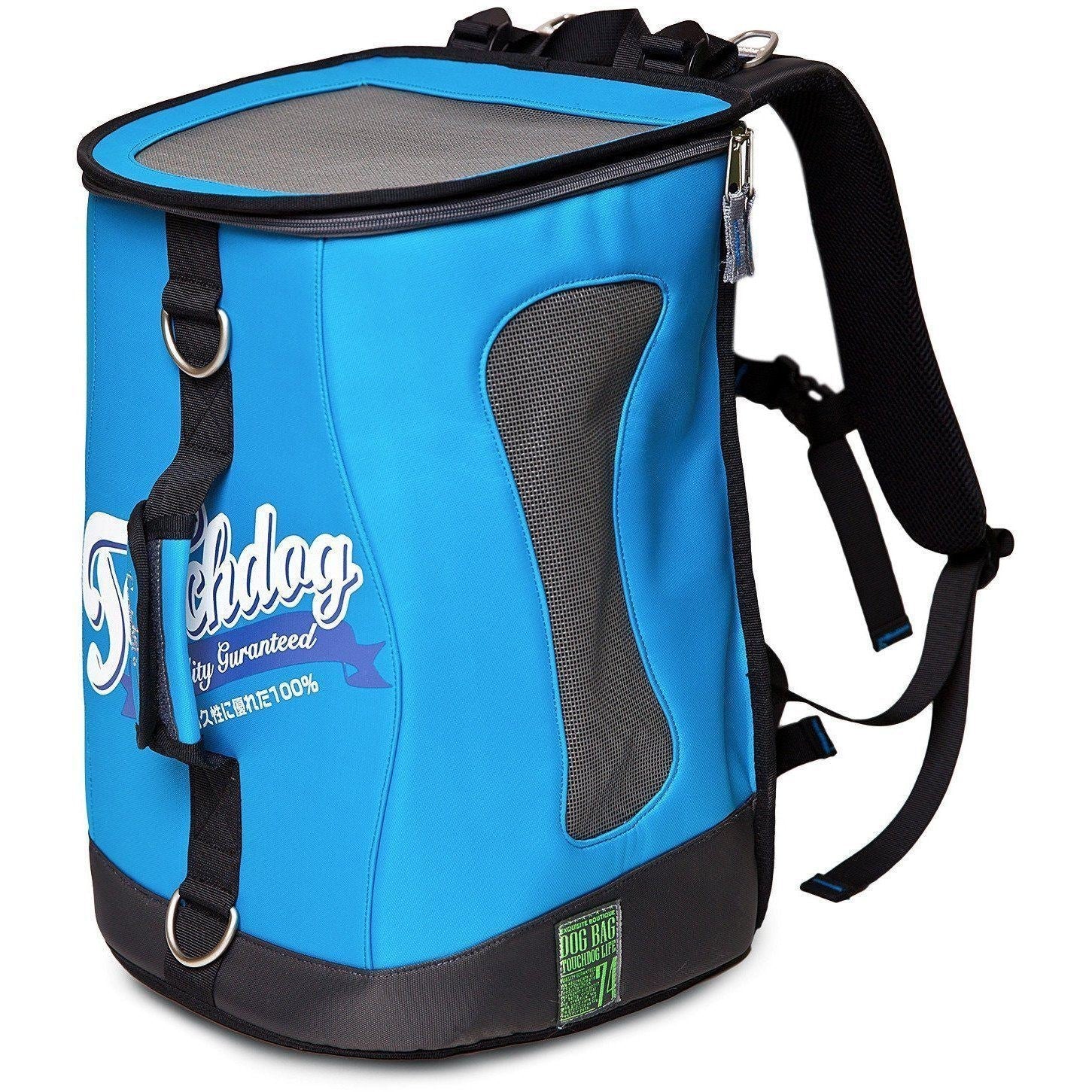 Turquoise blue dog carrier backpack with mesh side panel and padded carrying top