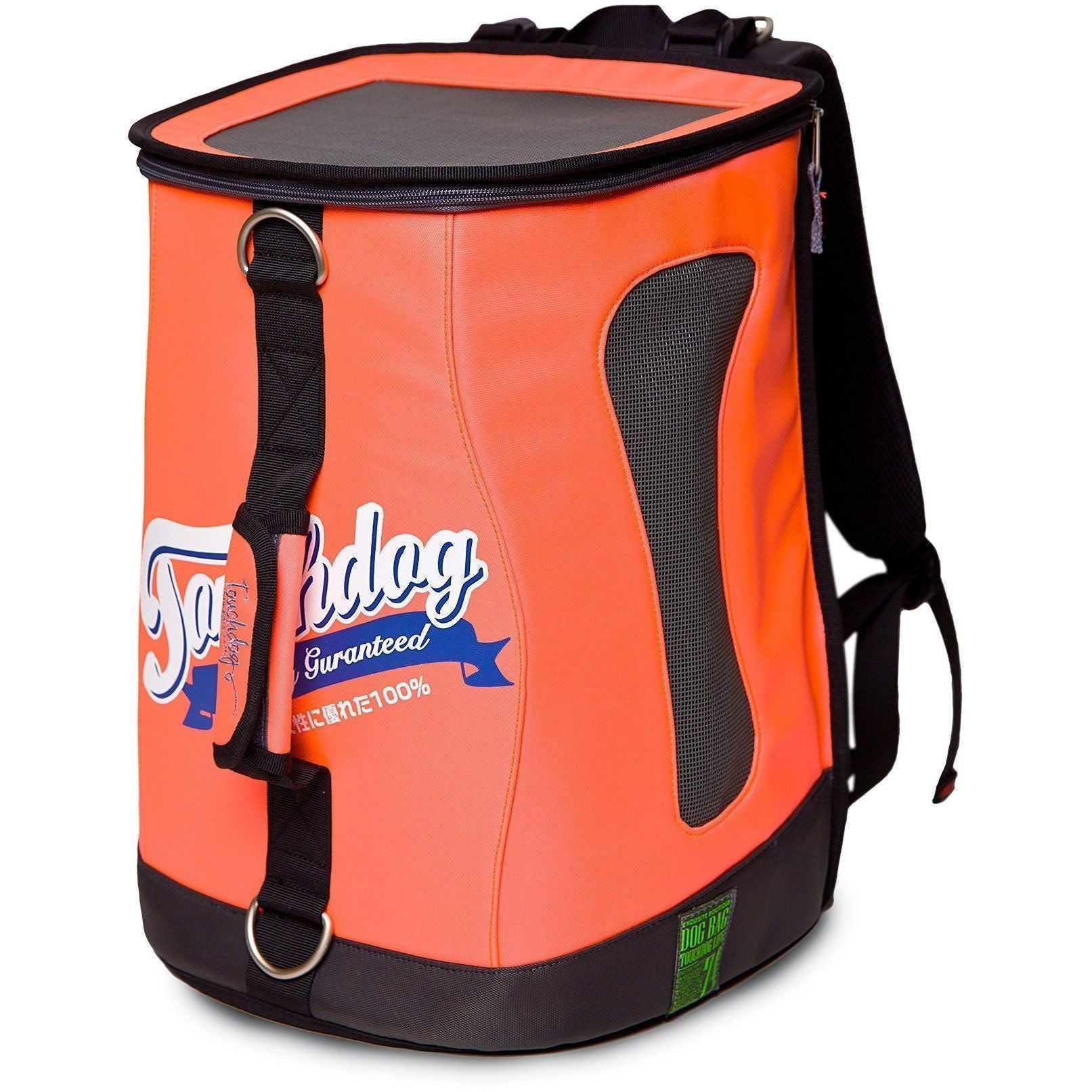 Orange dog carrier backpack with mesh side panel and black shoulder straps