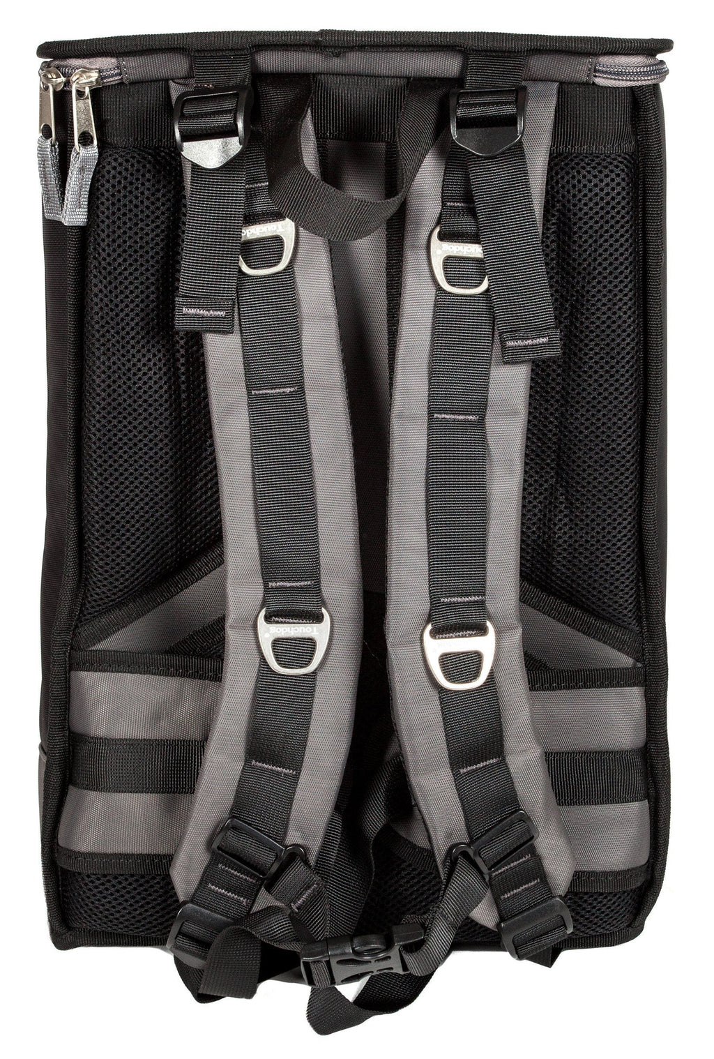 Black dog carrier backpack interior with two padded shoulder straps and front attachment points