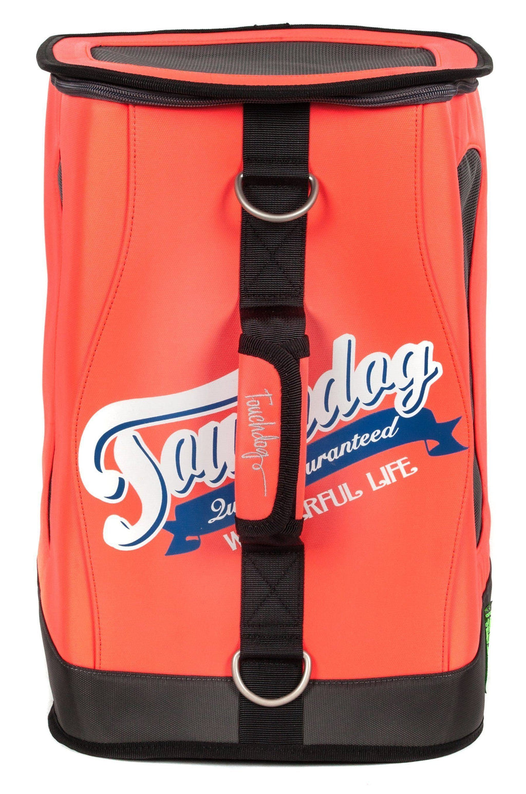Orange dog backpack carrier with black front strap and round metal ring closures