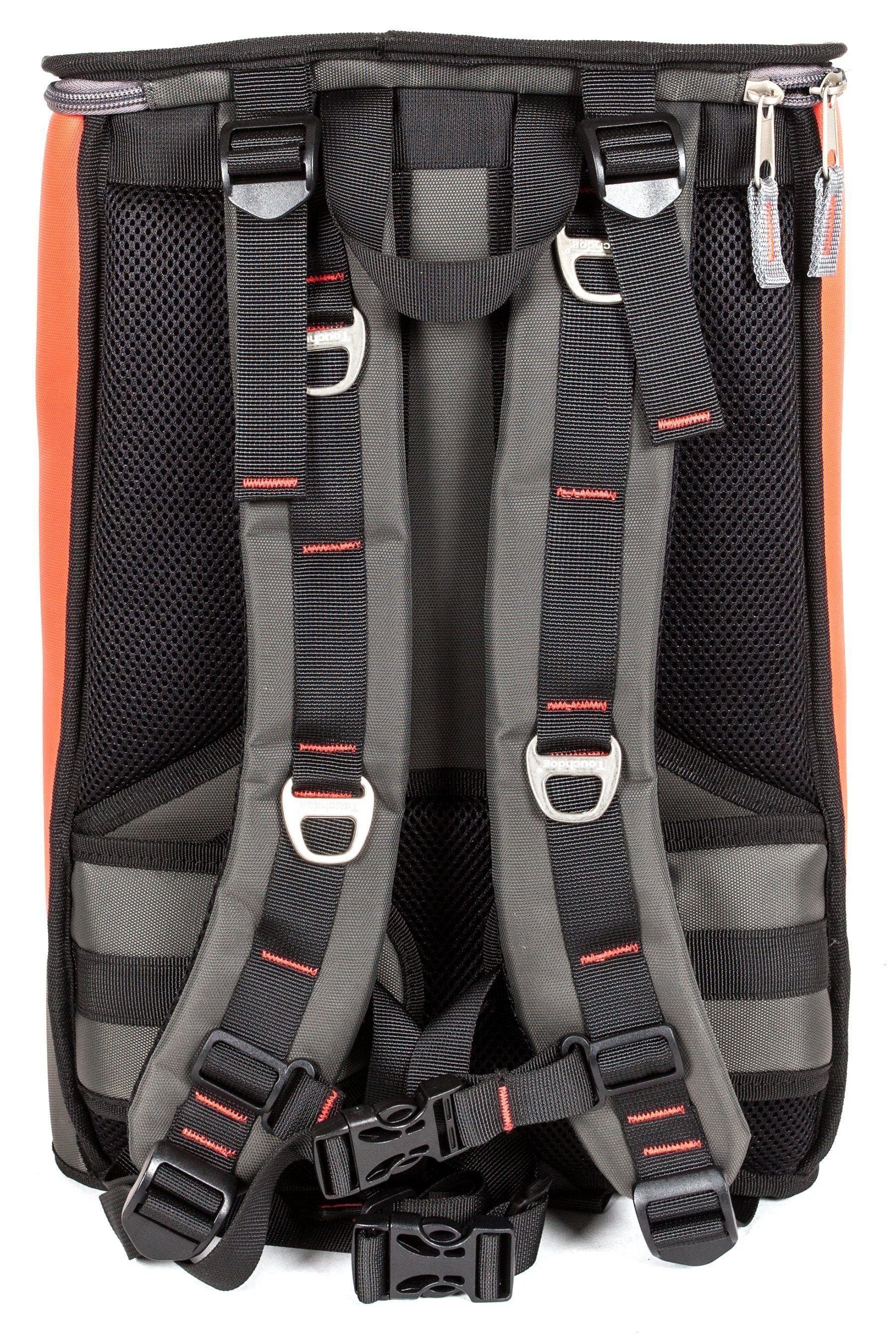 Cantaloupe orange dog carrier backpack interior with padded harness straps and buckles