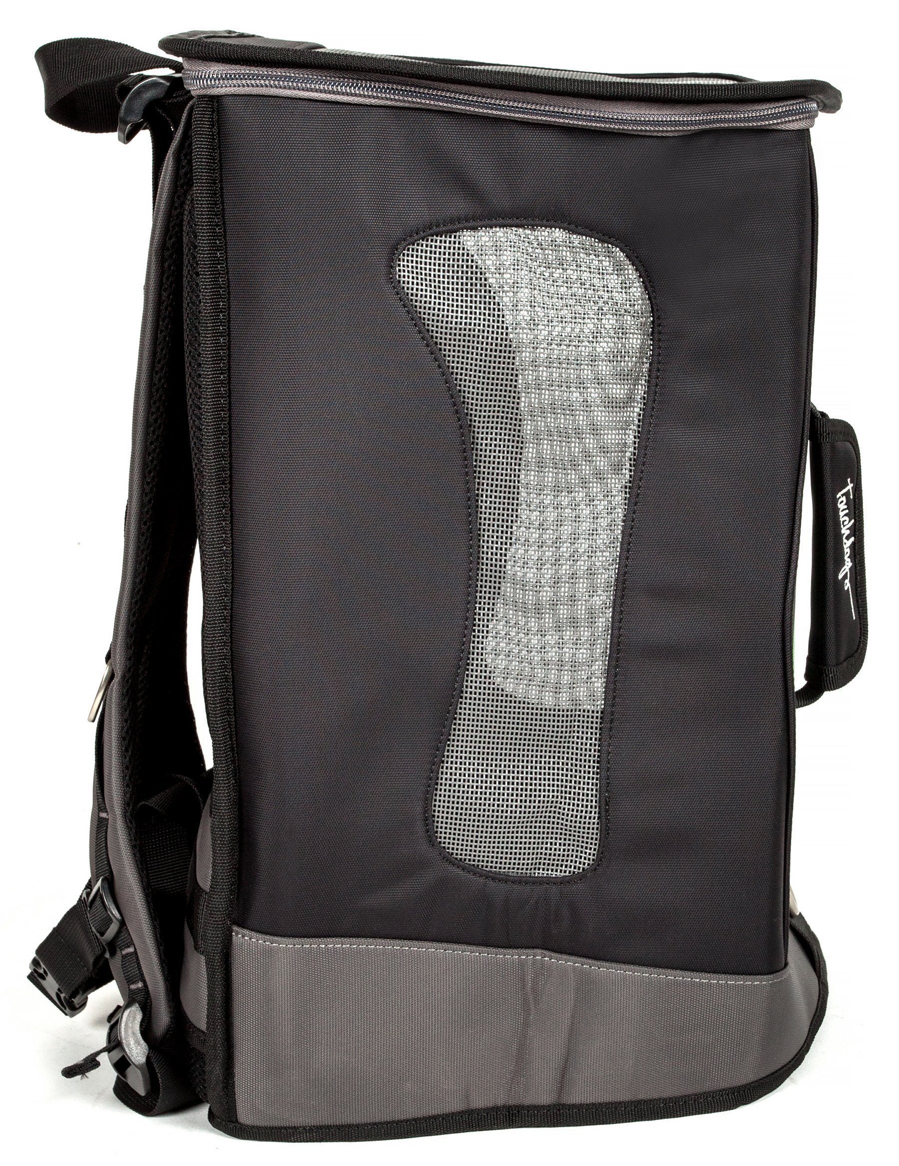 Black dog carrier backpack with tall front mesh panel and gray base trim, side carry handle