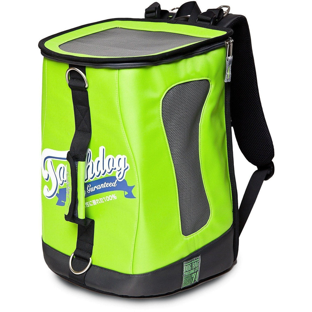 Lime green dog carrier backpack with mesh side panel, black straps, and top zipper