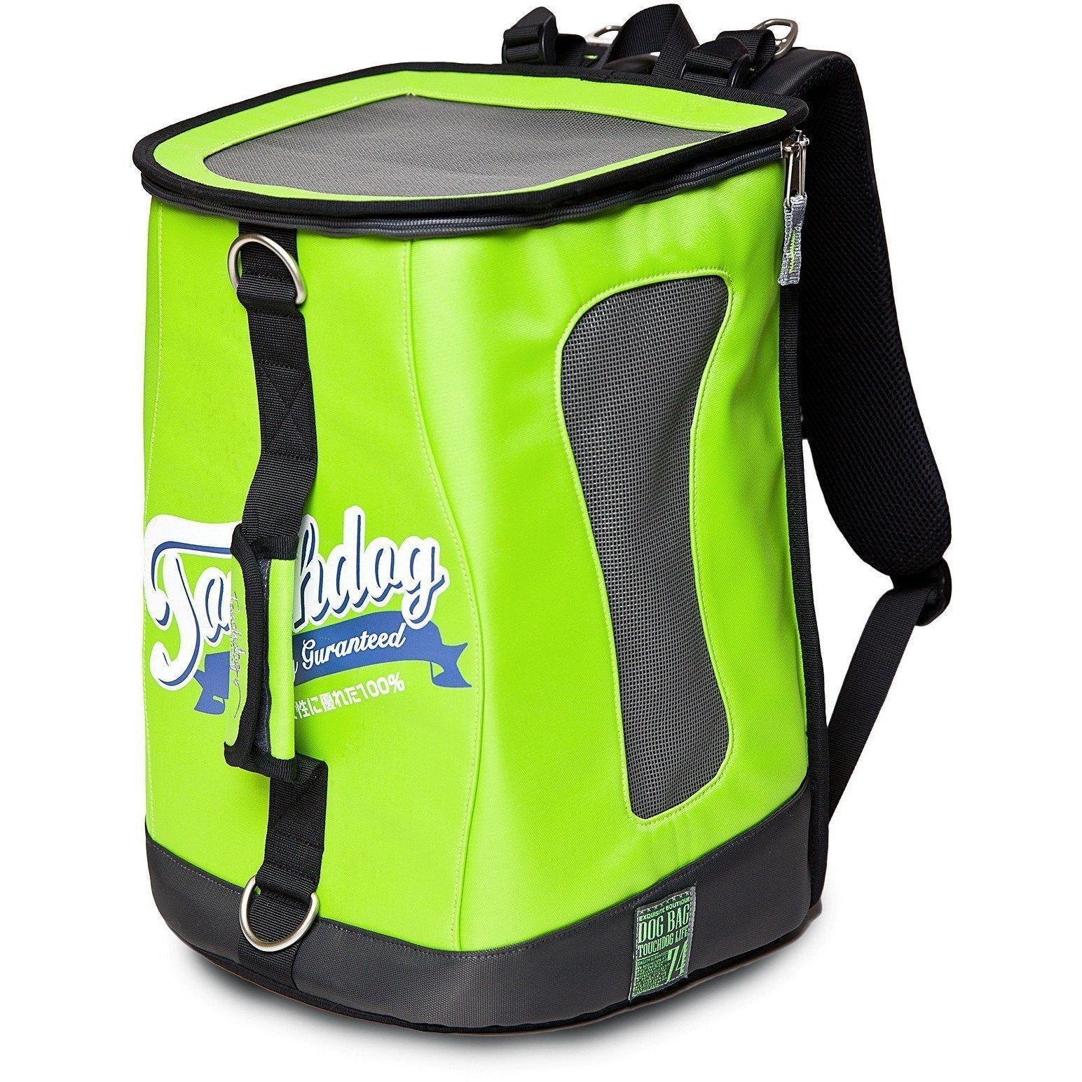 Lime green dog carrier backpack with mesh side panel, black straps, and top zipper