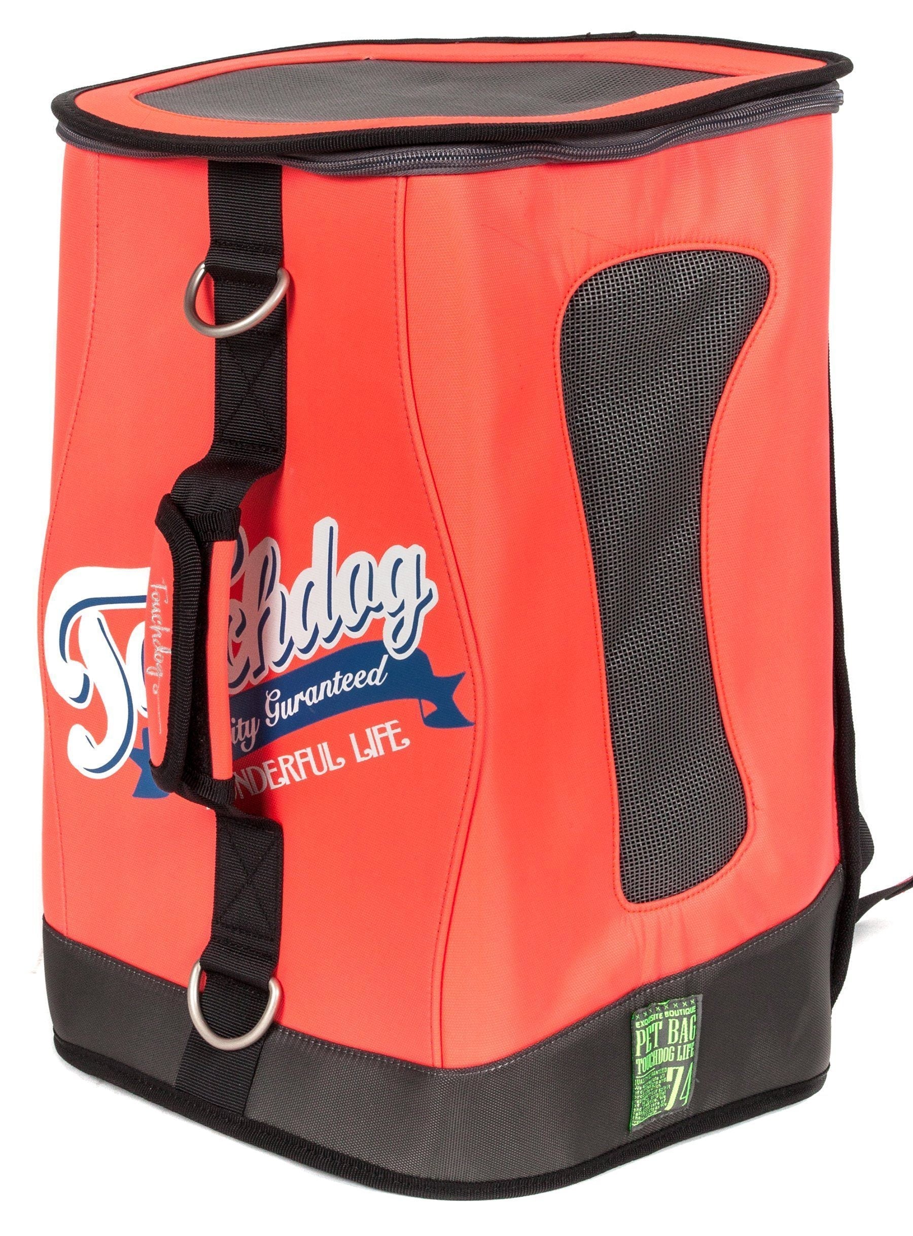 Orange dog carrier backpack with black straps, mesh side window, and zippered top