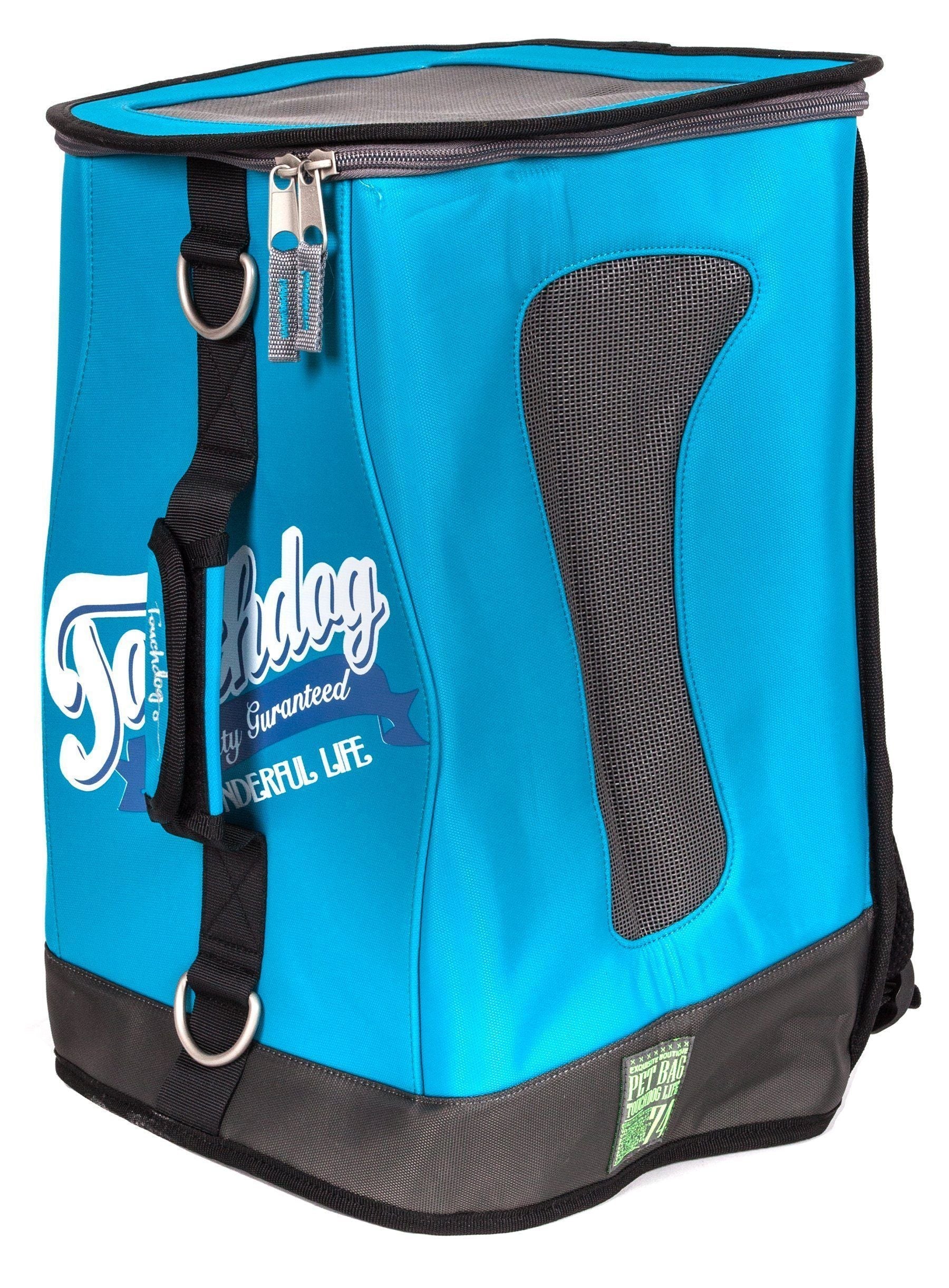 Turquoise dog carrier backpack with mesh side panel and front strap with metal rings