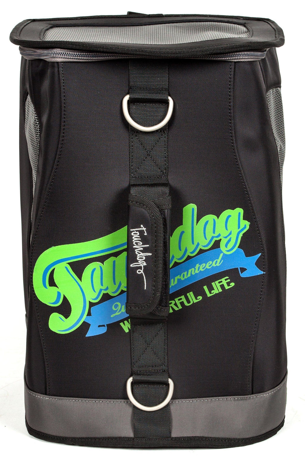 Black dog travel backpack carrier with front strap and large mesh side panel