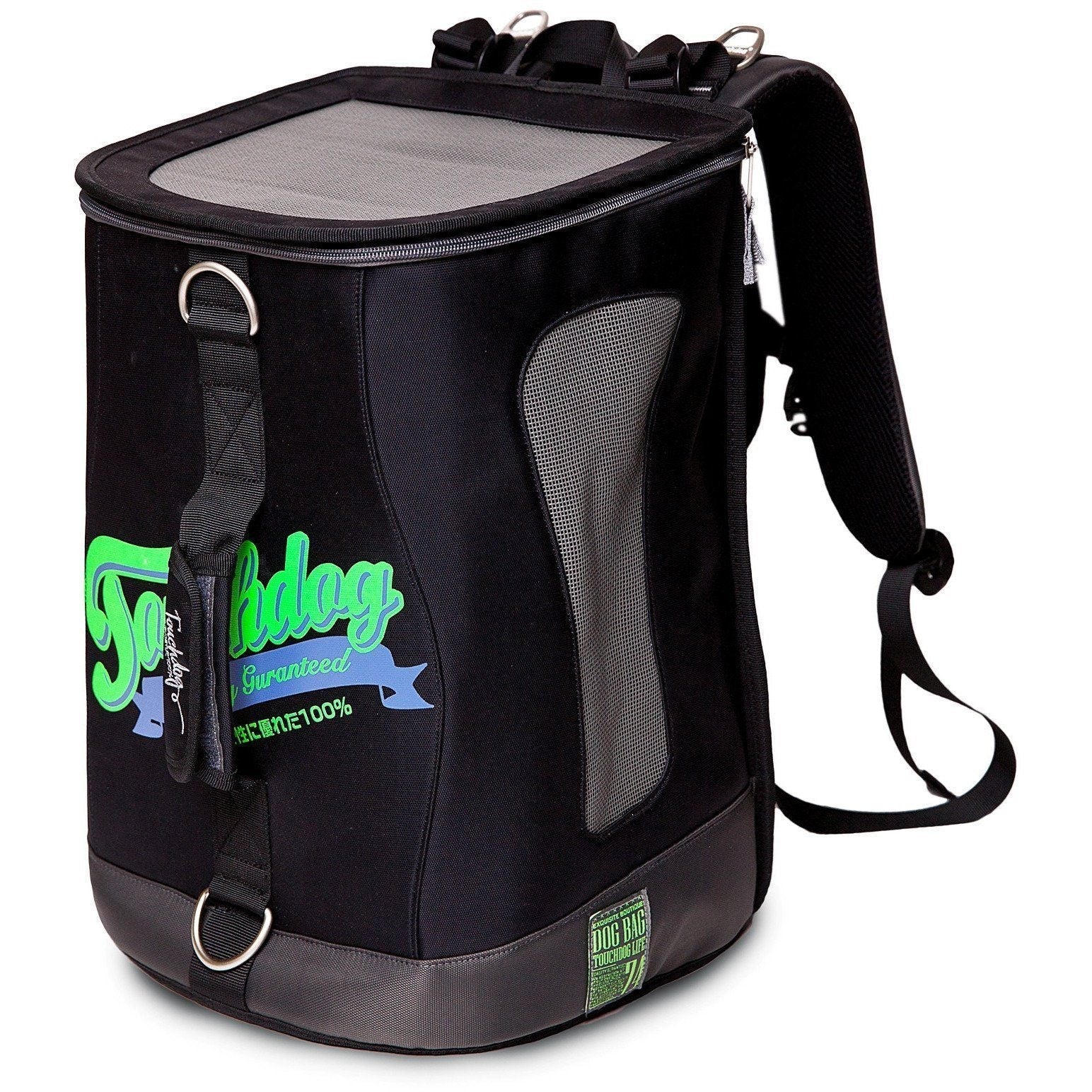 Black dog carrier backpack with mesh side panel and padded top handle