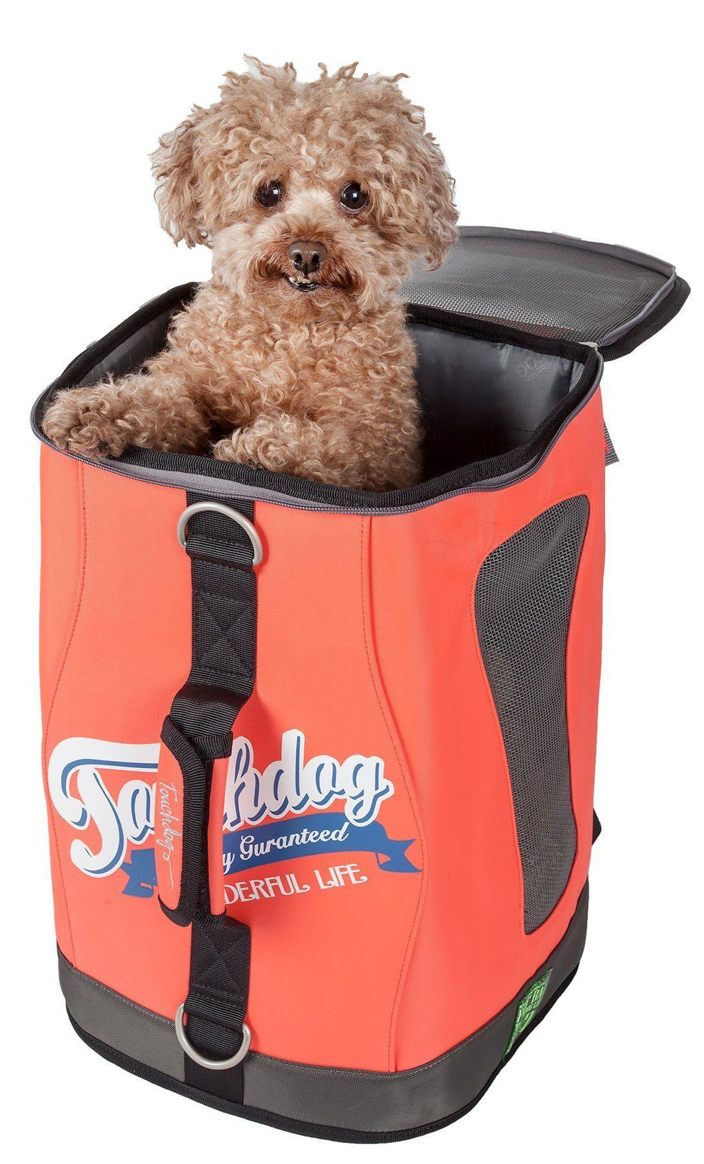 3-in-1 dog travel backpack carrier in orange with mesh top window and front opening