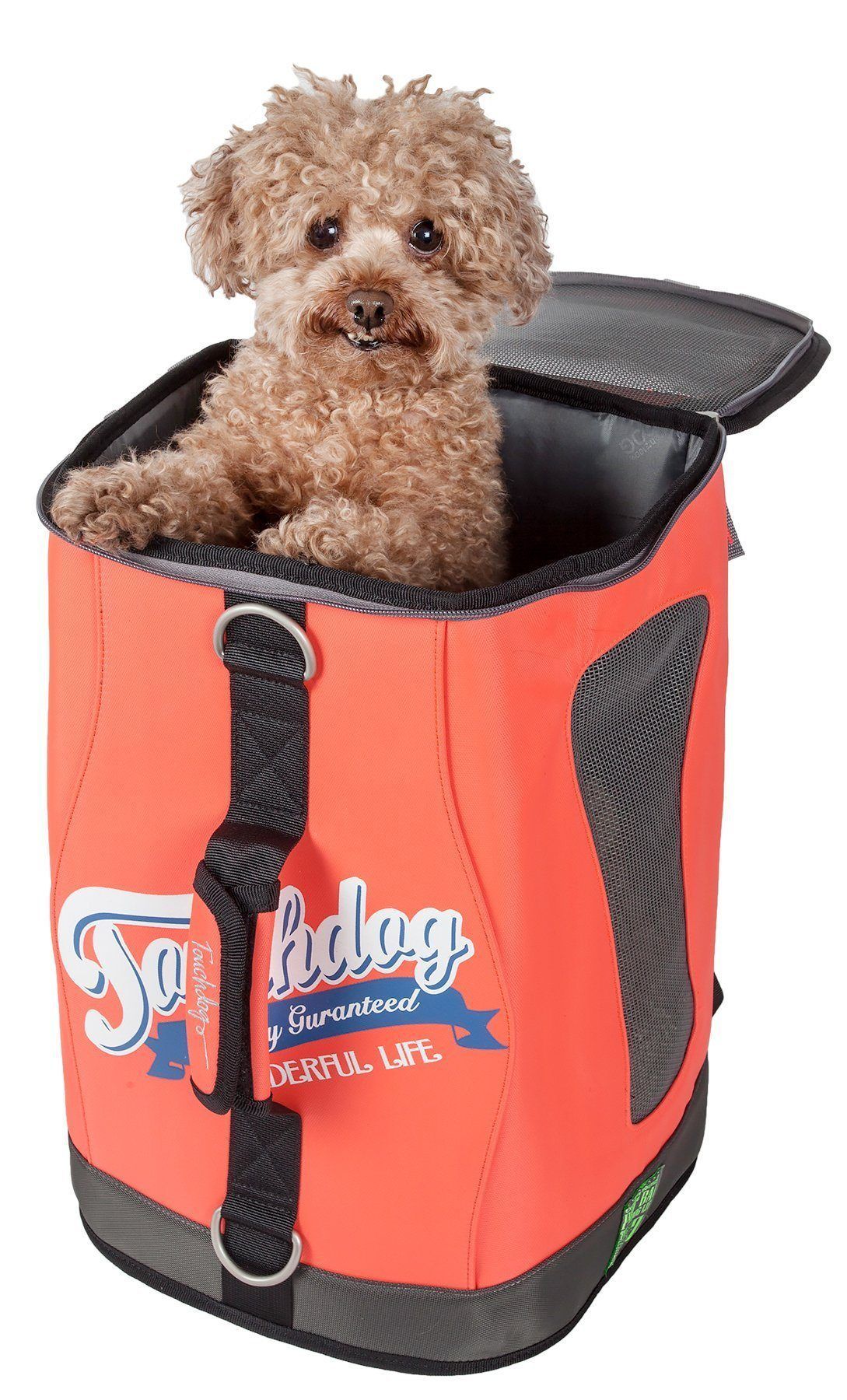 3-in-1 dog travel backpack carrier in orange with mesh top window and front opening