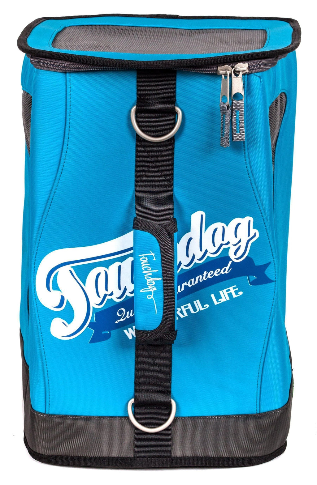 Blue dog carrier backpack with mesh side window, black strap, and zipper top