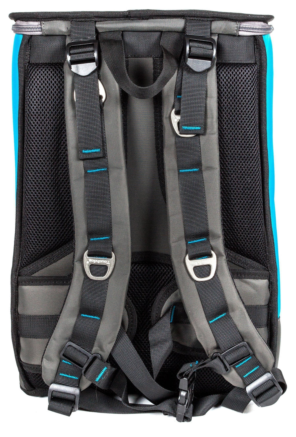 Turquoise blue dog carrier backpack interior with padded harness straps and buckles