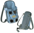 Blue pet carrier with circular vent panels and padded shoulder strap