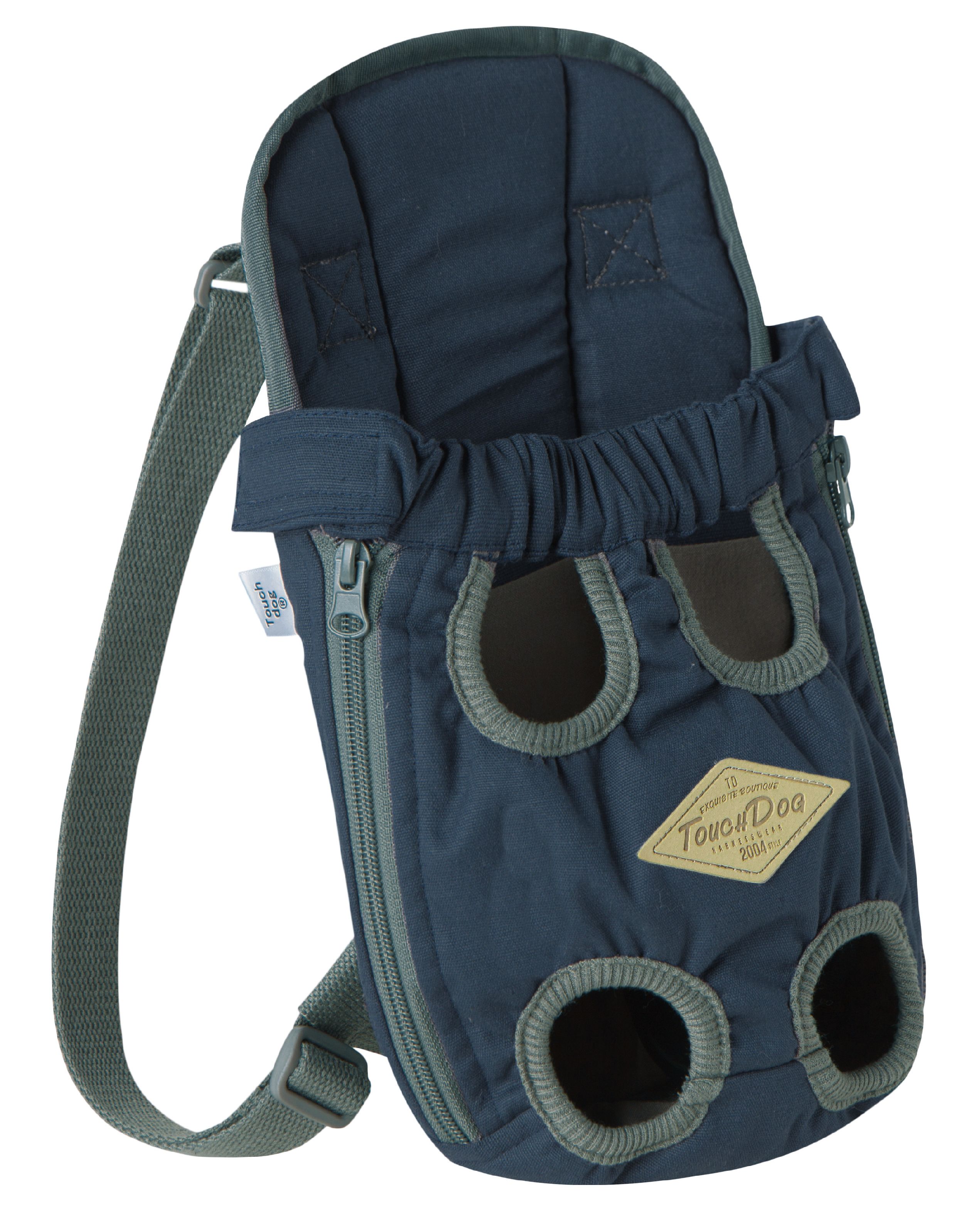 Navy backpack dog carrier with front zip, circular vent holes, and adjustable shoulder strap