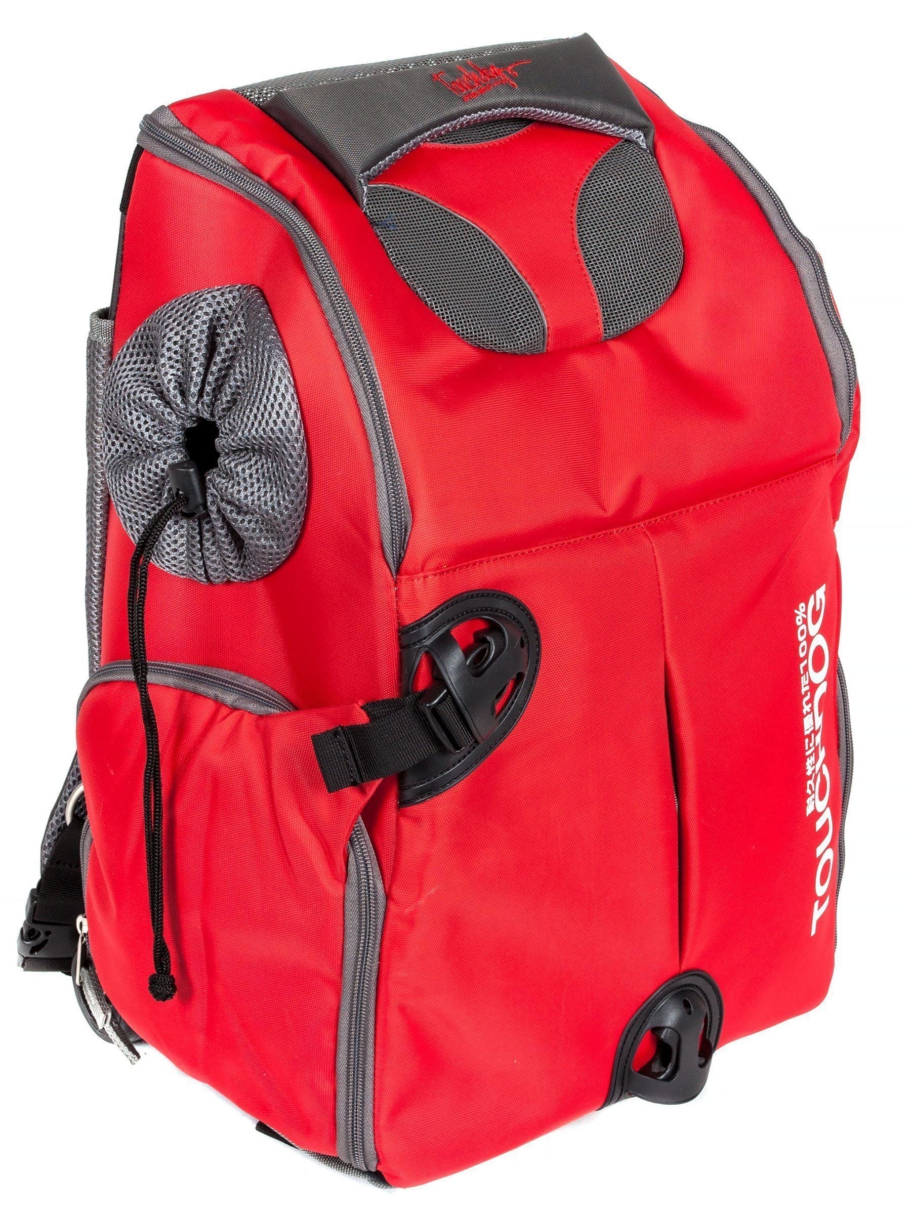Red wheeled pet backpack carrier with front mesh opening and black trim
