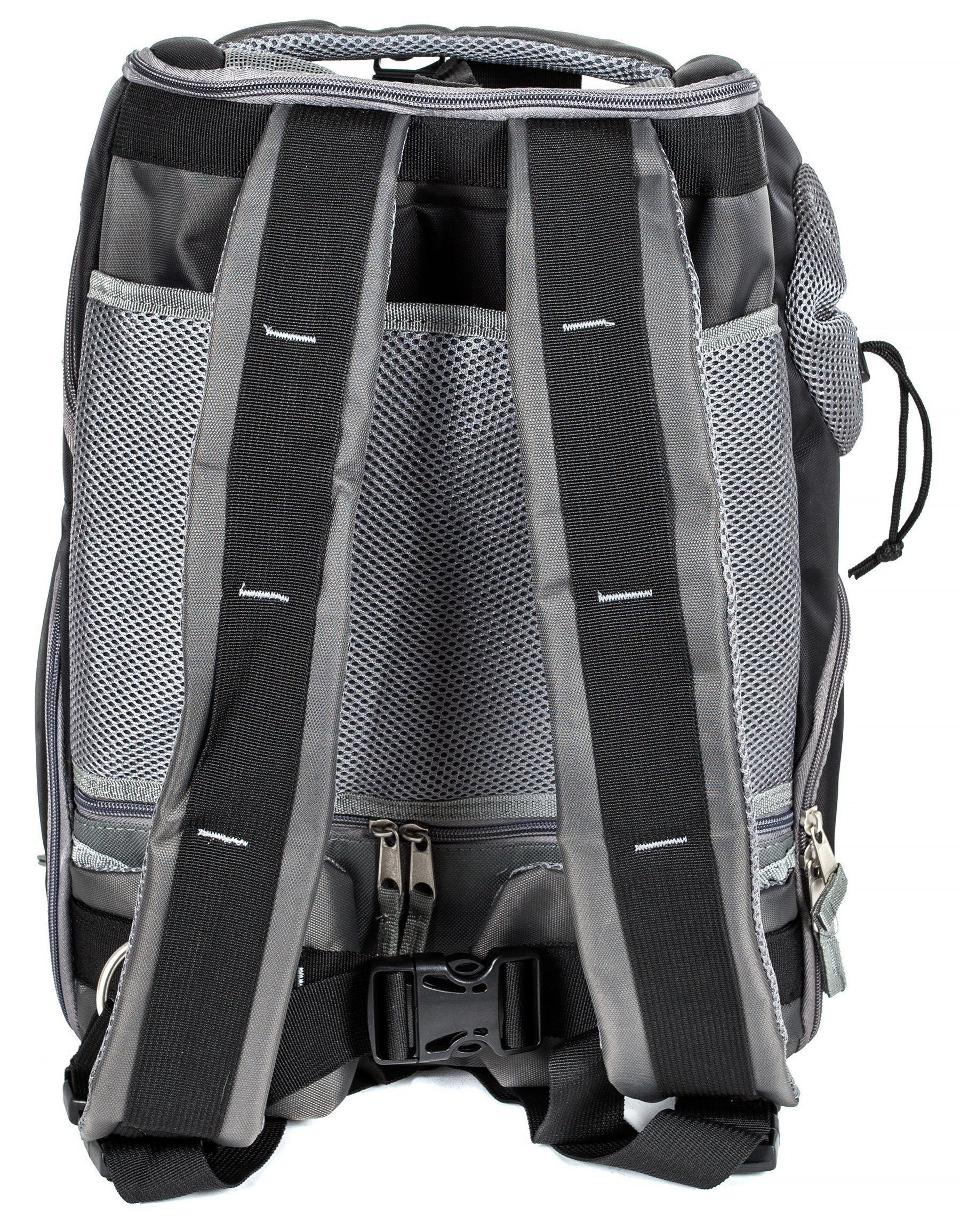 Pet carrier backpack back panel with mesh sections and padded shoulder straps