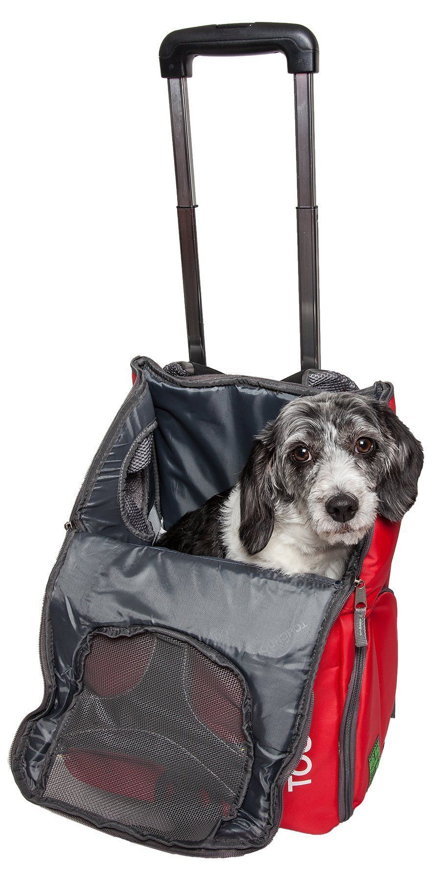 Red and dark-gray wheeled pet carrier with front mesh door, dog resting inside
