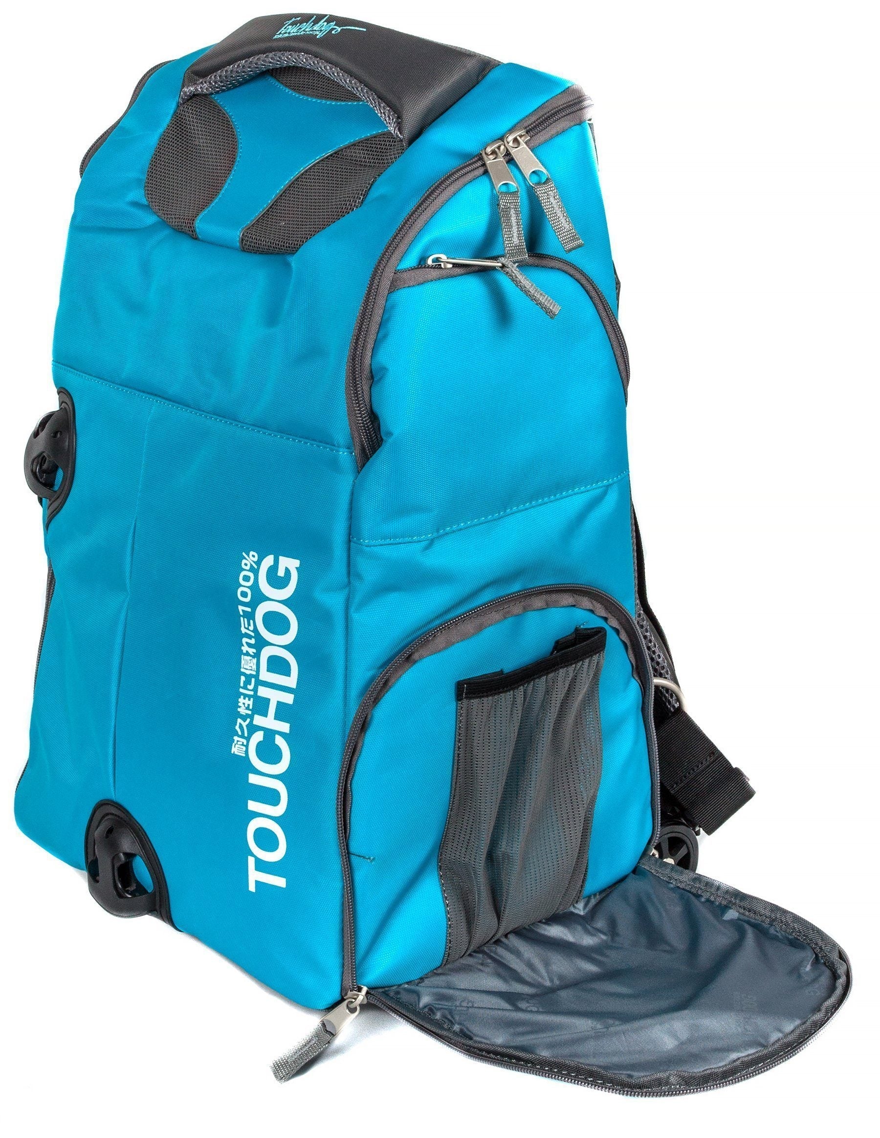 Blue 2-in-1 wheeled pet backpack carrier with side storage pocket and zip front