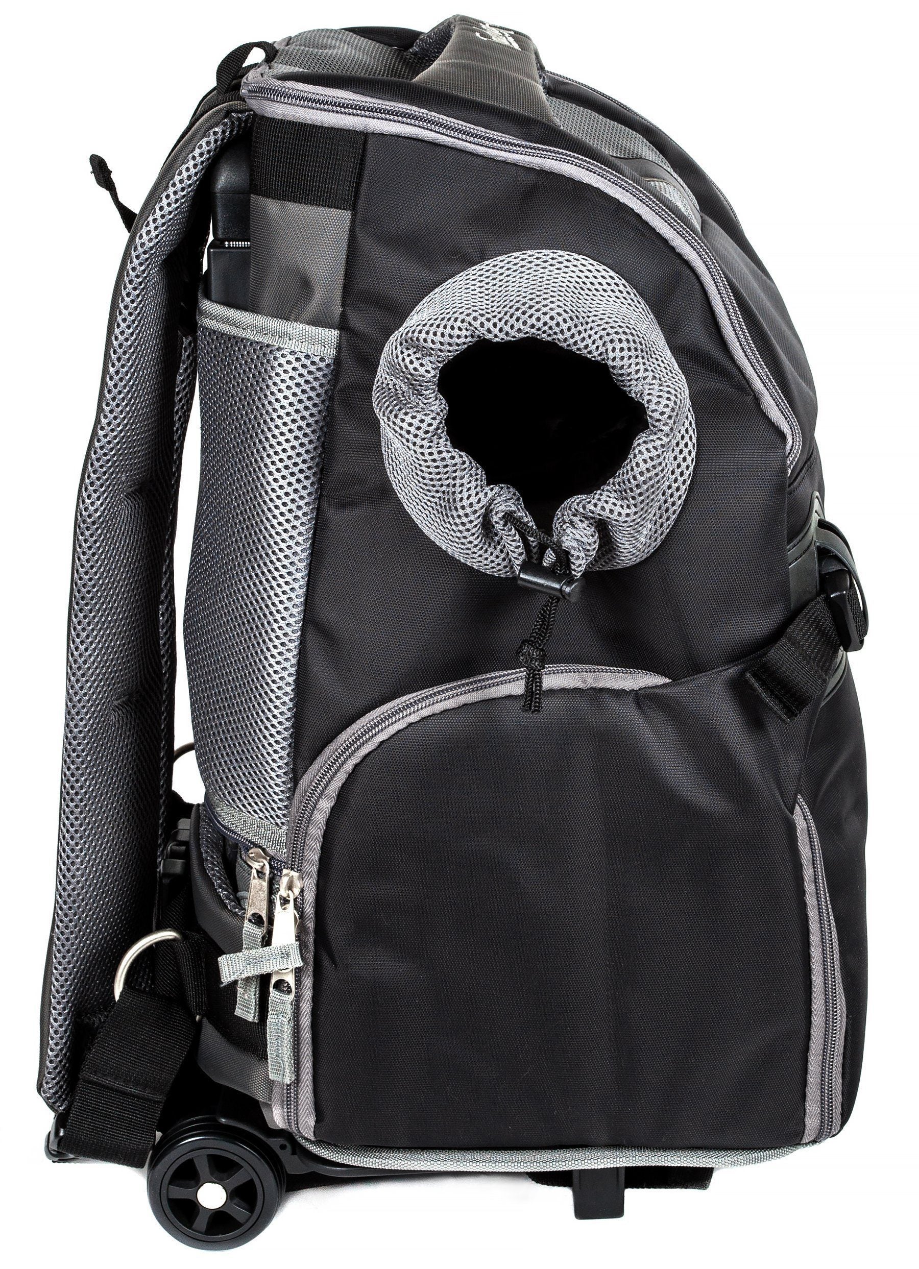 Black wheeled pet backpack carrier with front mesh opening and side wheels
