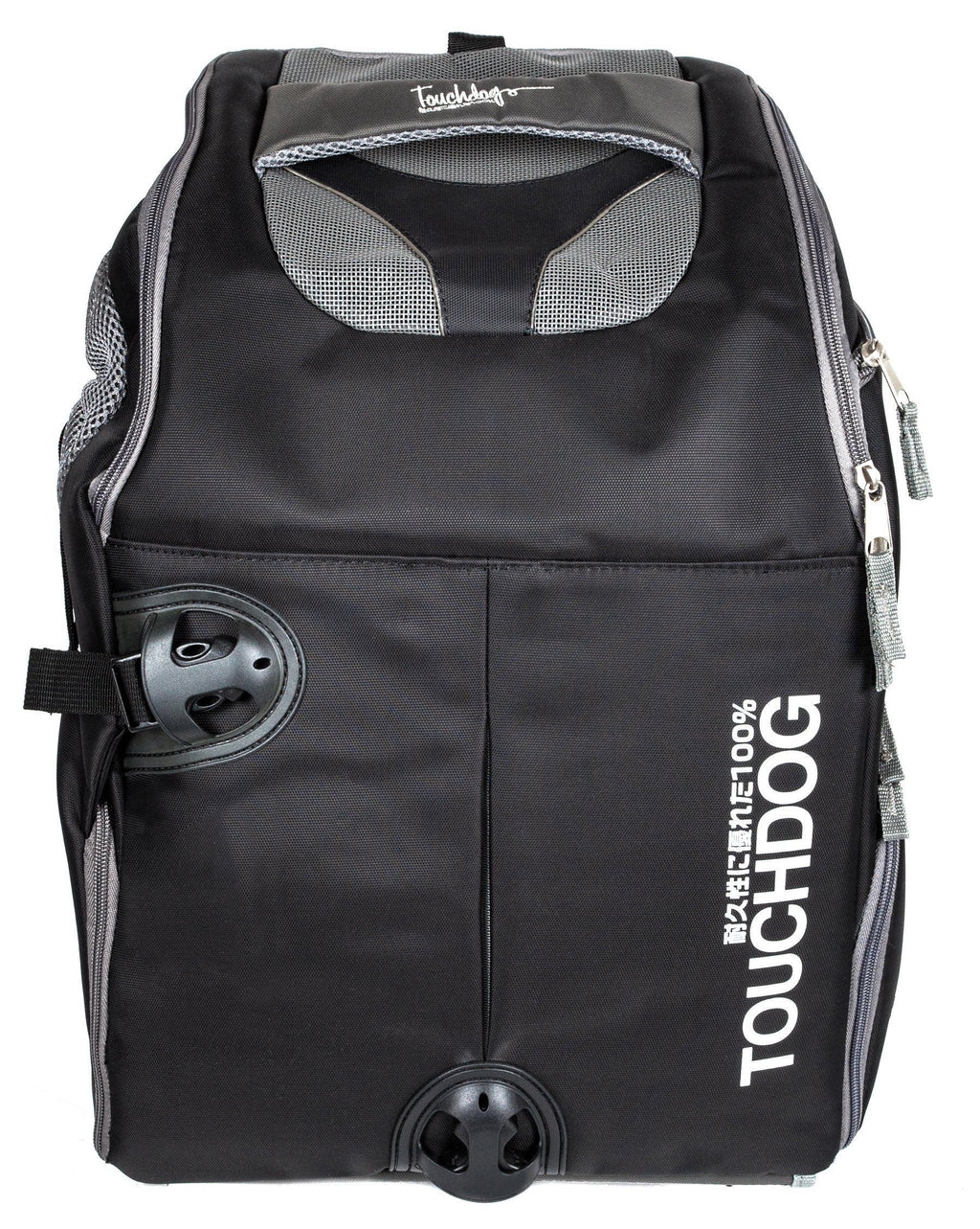 Black wheeled pet carrier backpack with mesh top panel and front wheel housing