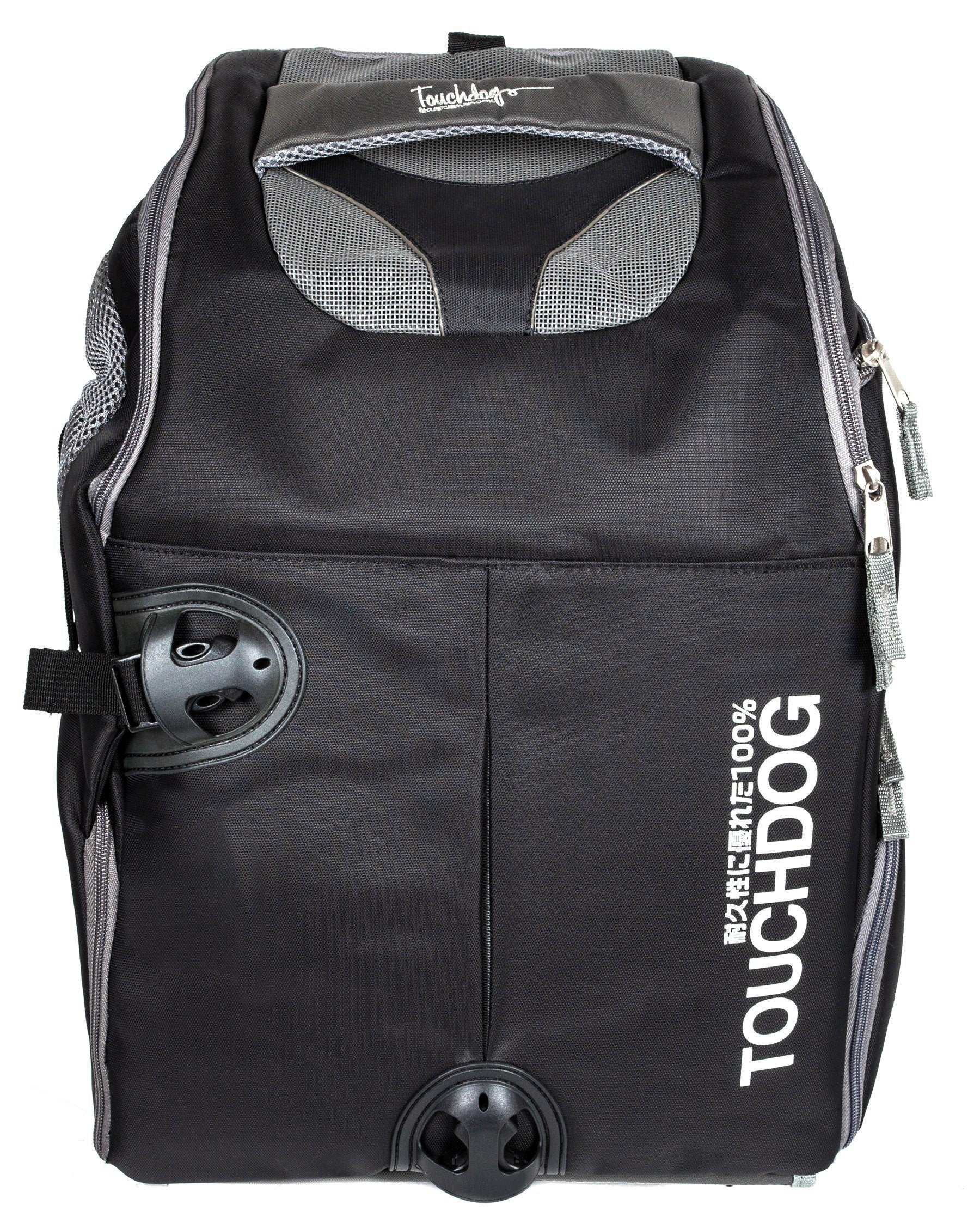 Black wheeled pet carrier backpack with mesh top panel and front wheel housing