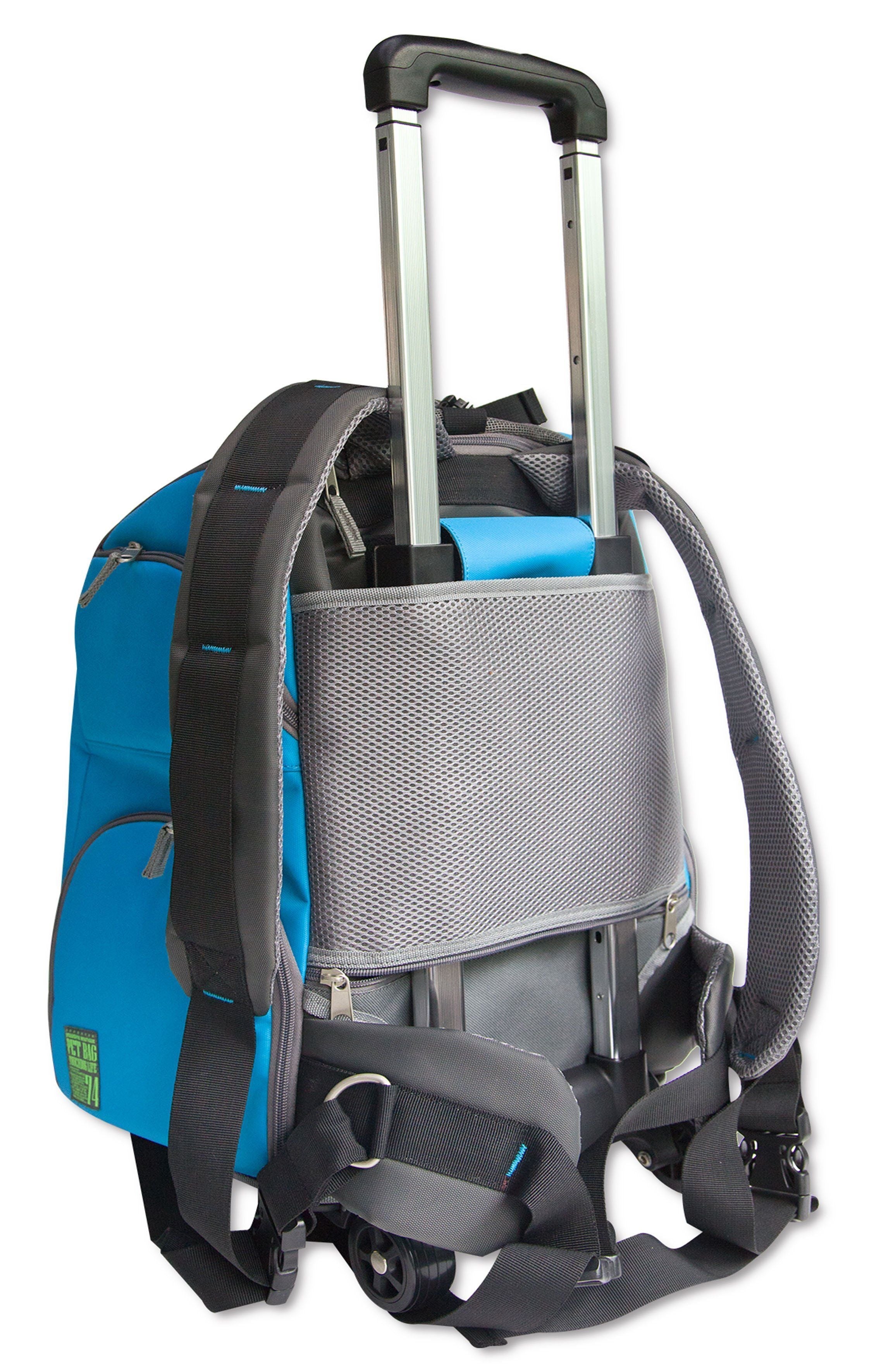 Blue wheeled pet carrier backpack with rear view, padded harness, and rolling wheels