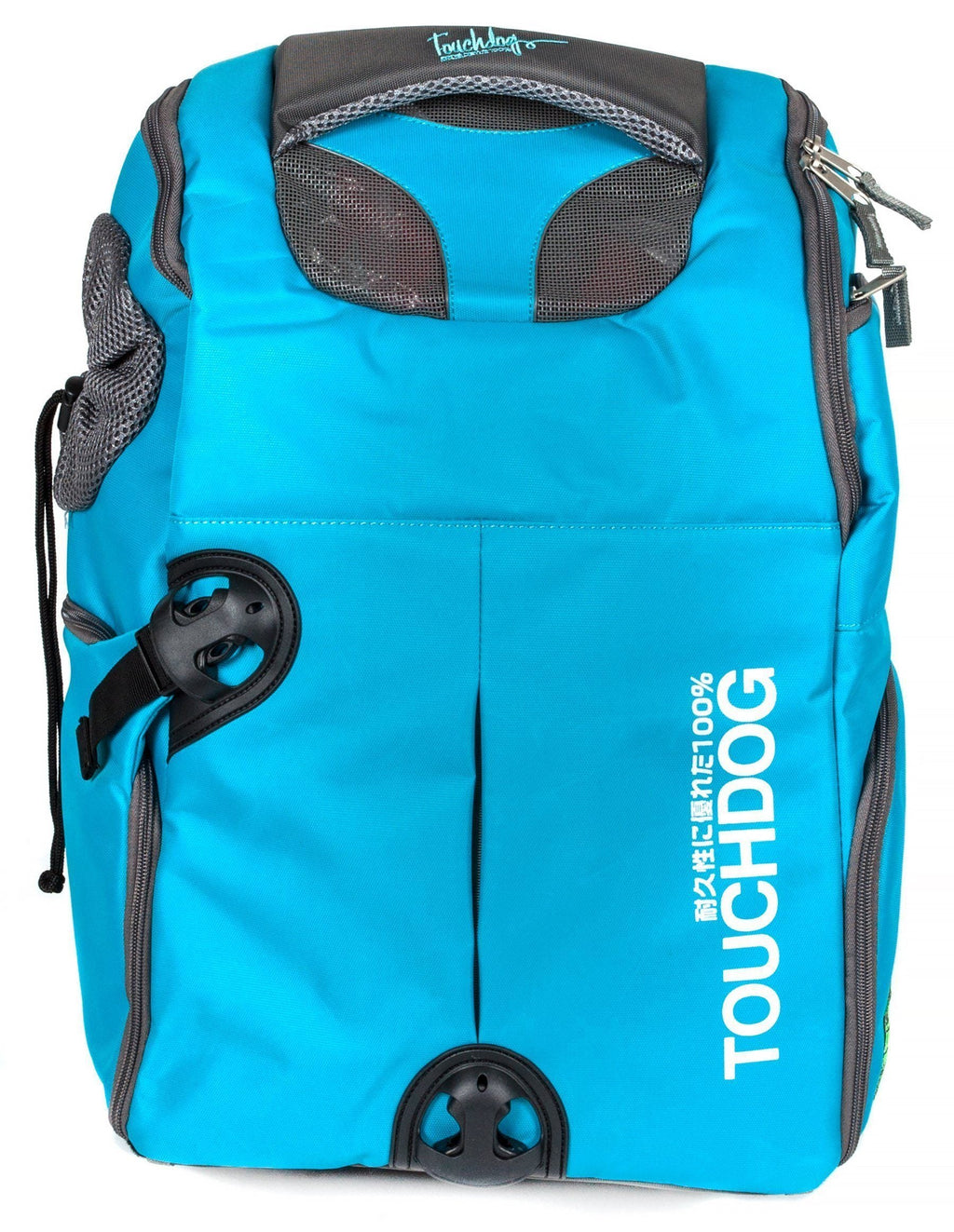 Blue wheeled pet carrier backpack with mesh panel and visible front wheel housing