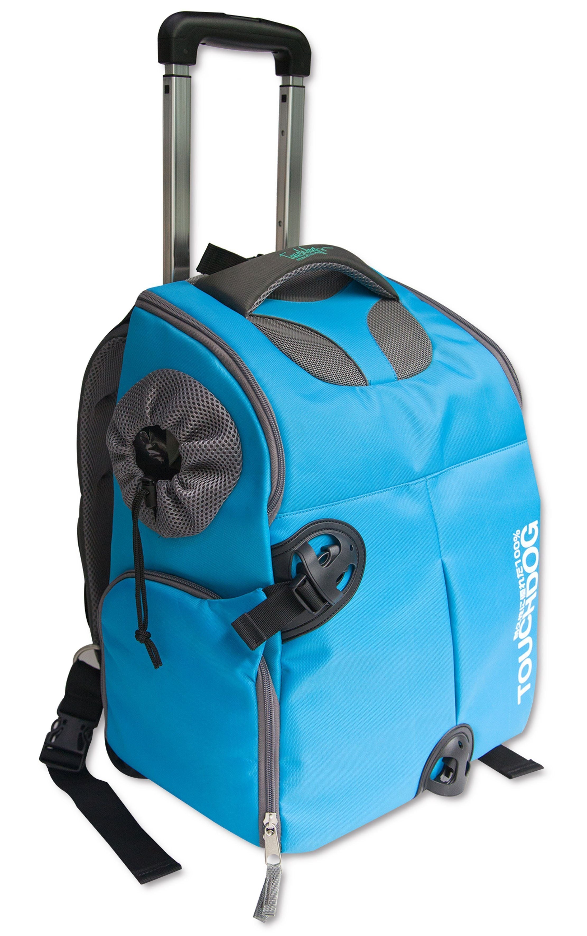 Blue wheeled pet carrier backpack with top handle and molded front pet opening
