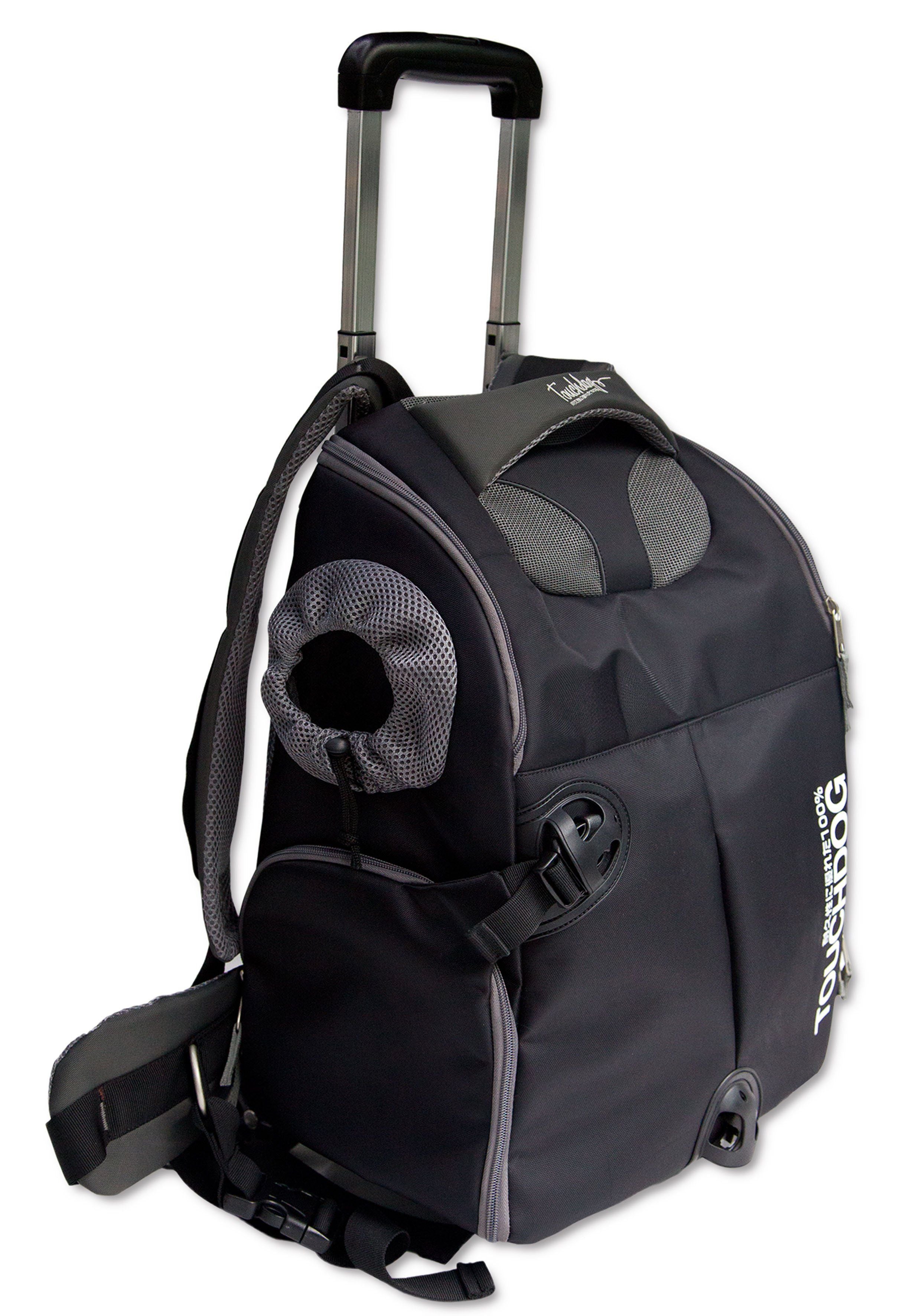 Black wheeled pet carrier backpack with front circular mesh pod and side straps