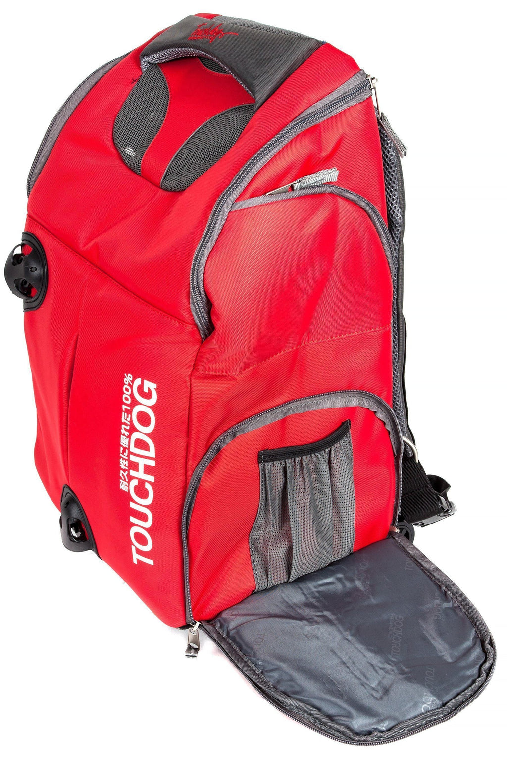 Red 2-in-1 wheeled pet backpack carrier with zip side compartment and padded base