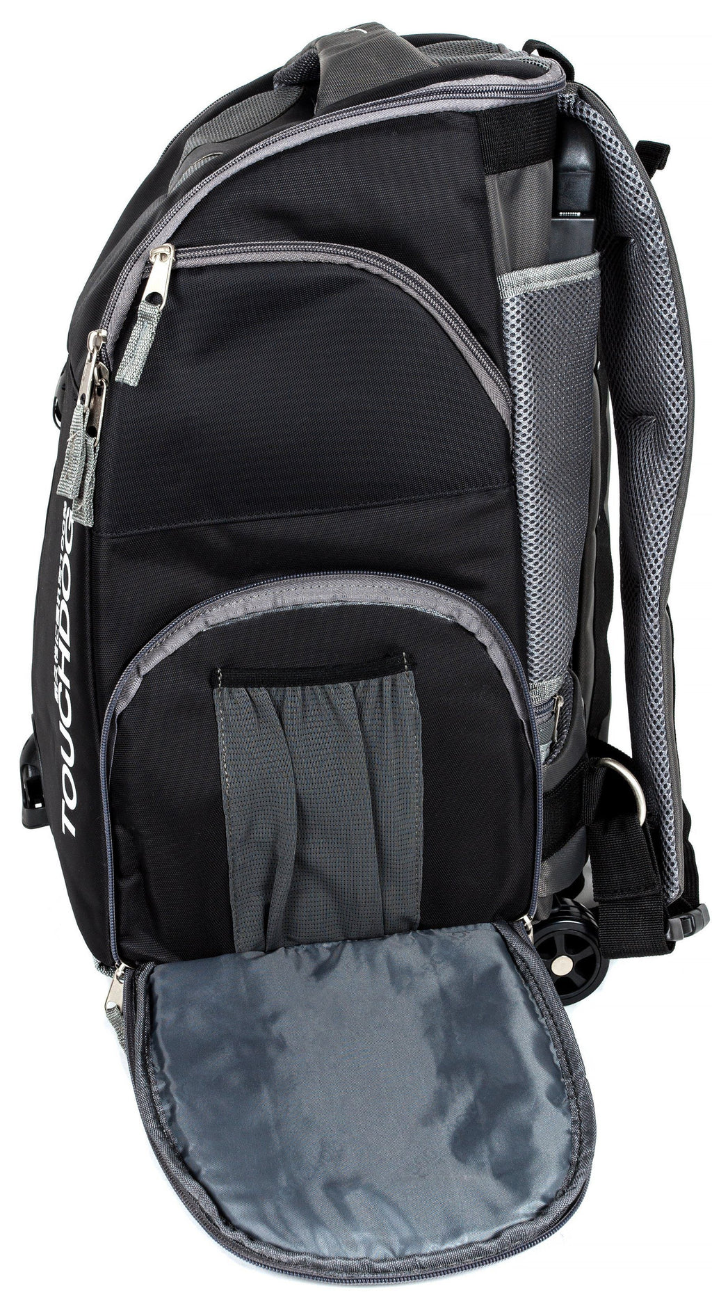 Black 2-in-1 wheeled pet backpack carrier with mesh side panel and open top pocket