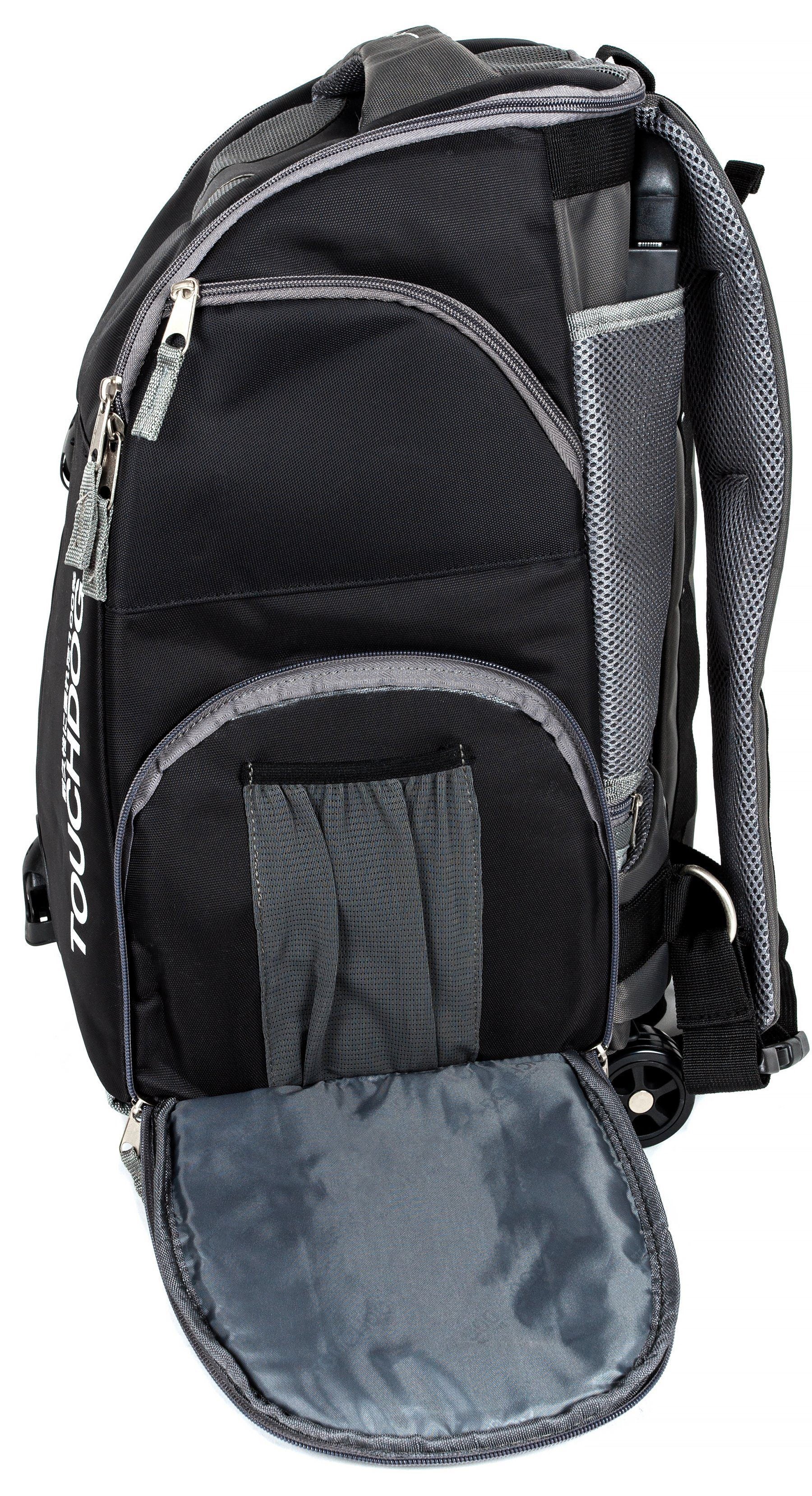 Black 2-in-1 wheeled pet backpack carrier with mesh side panel and open top pocket