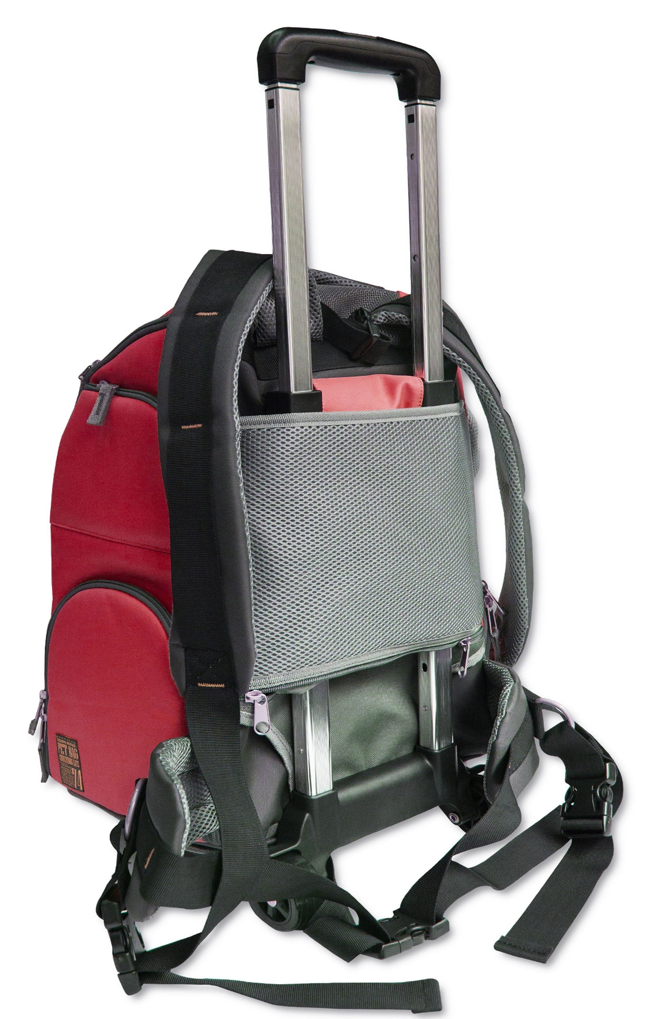 2-in-1 wheeled pet carrier backpack in red with front mesh window and rolling frame