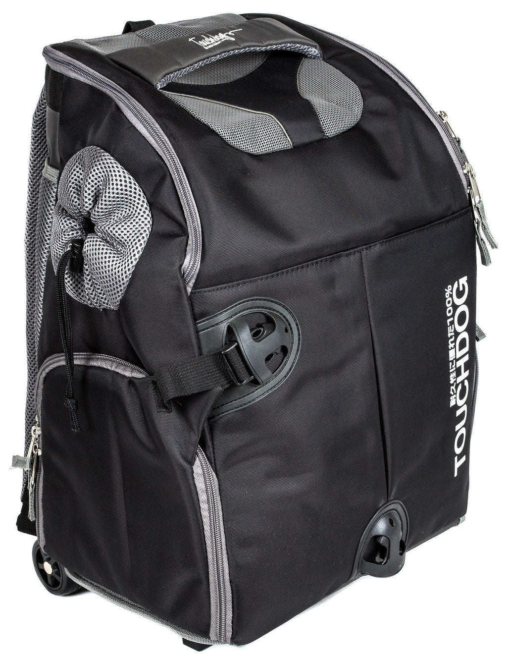 Black wheeled pet backpack carrier with front mesh pouch and zipper compartments