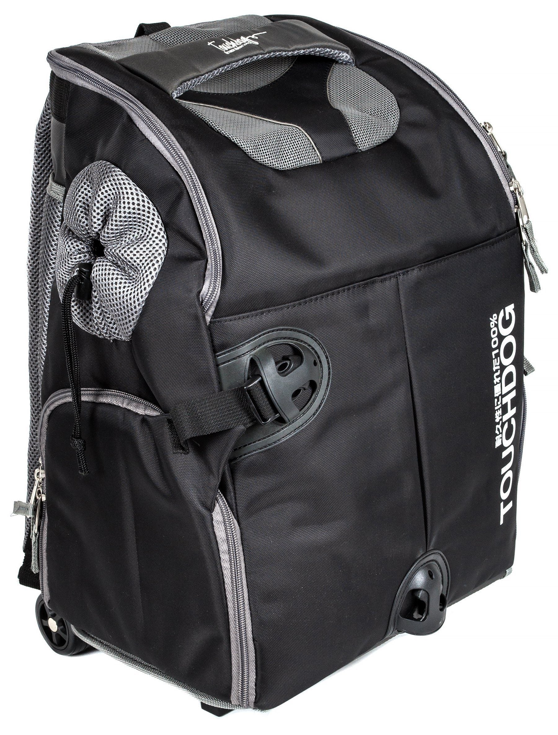 Black wheeled pet backpack carrier with front mesh pouch and zipper compartments