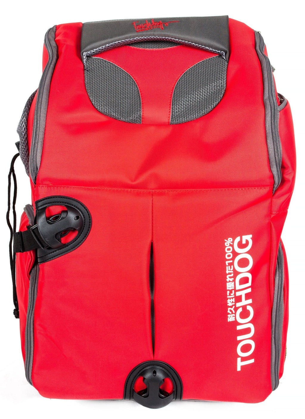 Red 2-in-1 wheeled pet backpack carrier with front mesh window and dual wheels