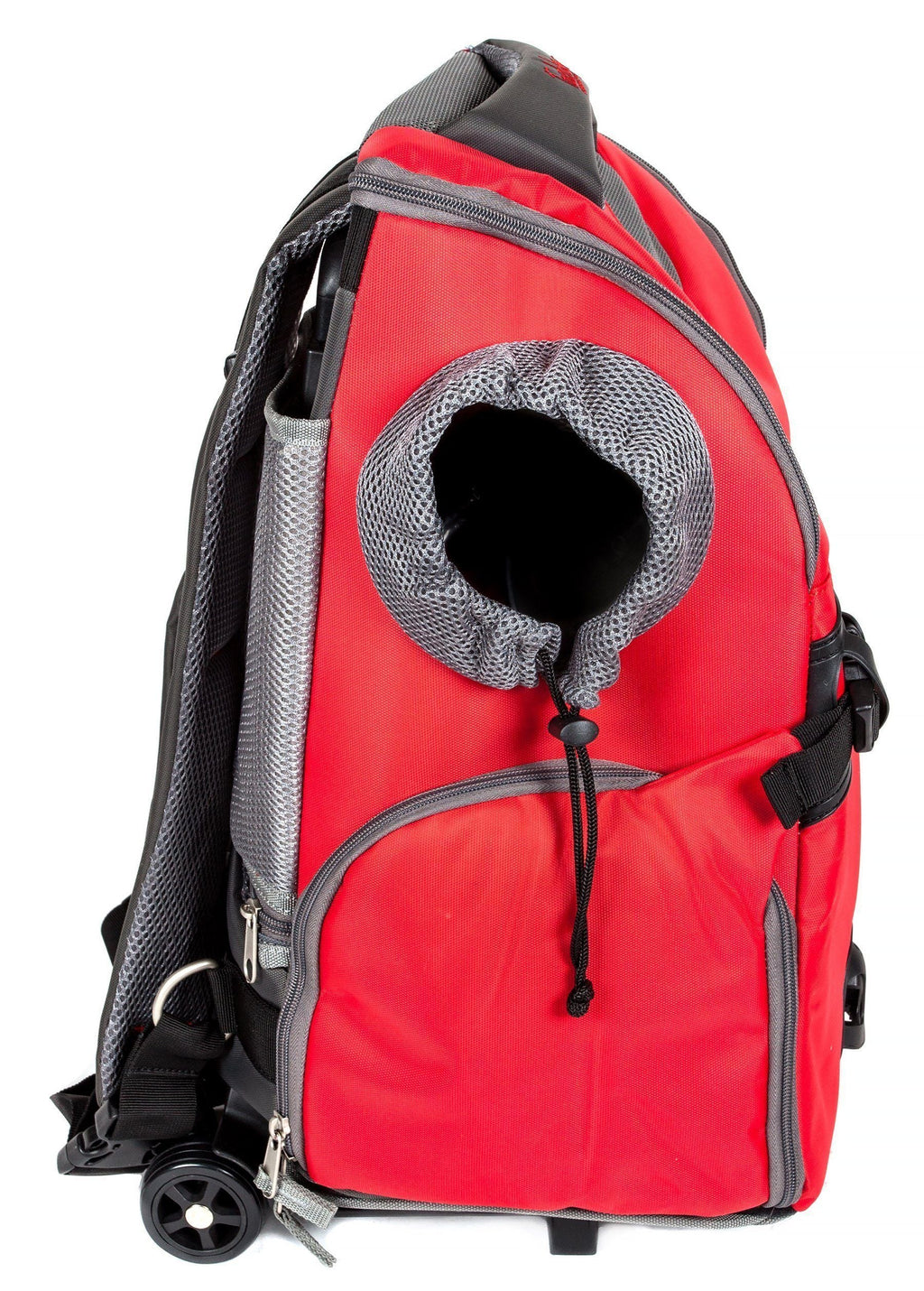 Red pet backpack carrier with front mesh tunnel and rolling wheel base