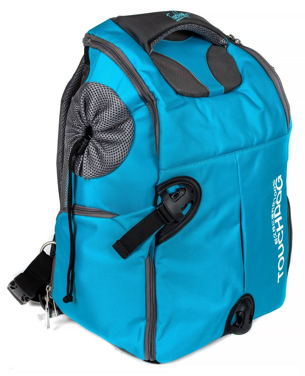 Blue wheeled pet backpack carrier with mesh front, top handle, and side wheels