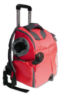 Red wheeled pet carrier backpack with top handle and side mesh pet opening