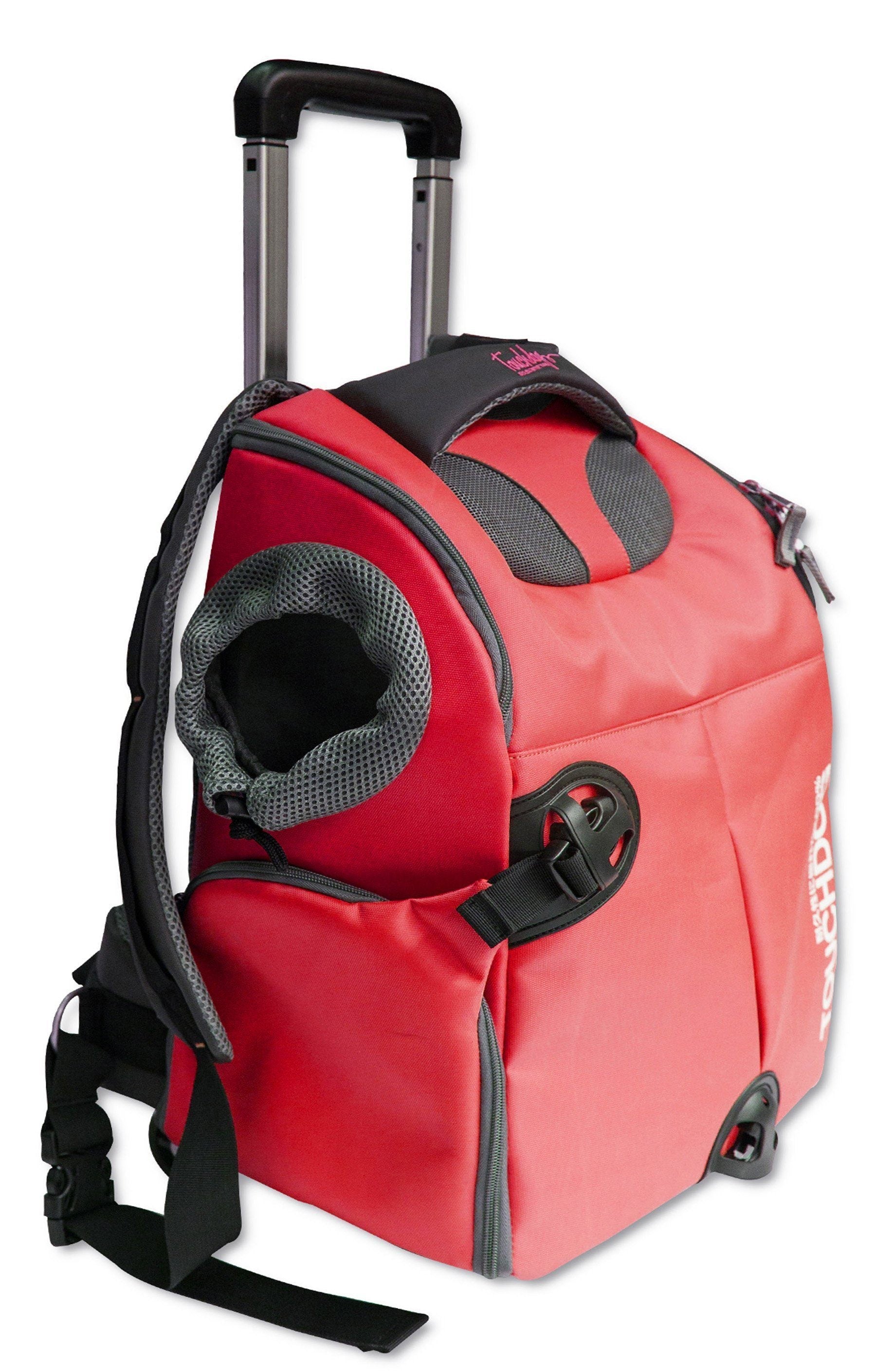 Red wheeled pet carrier backpack with top handle and side mesh pet opening