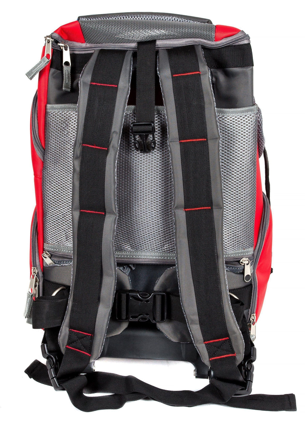 Red pet carrier backpack with black padded harness straps and mesh back panel