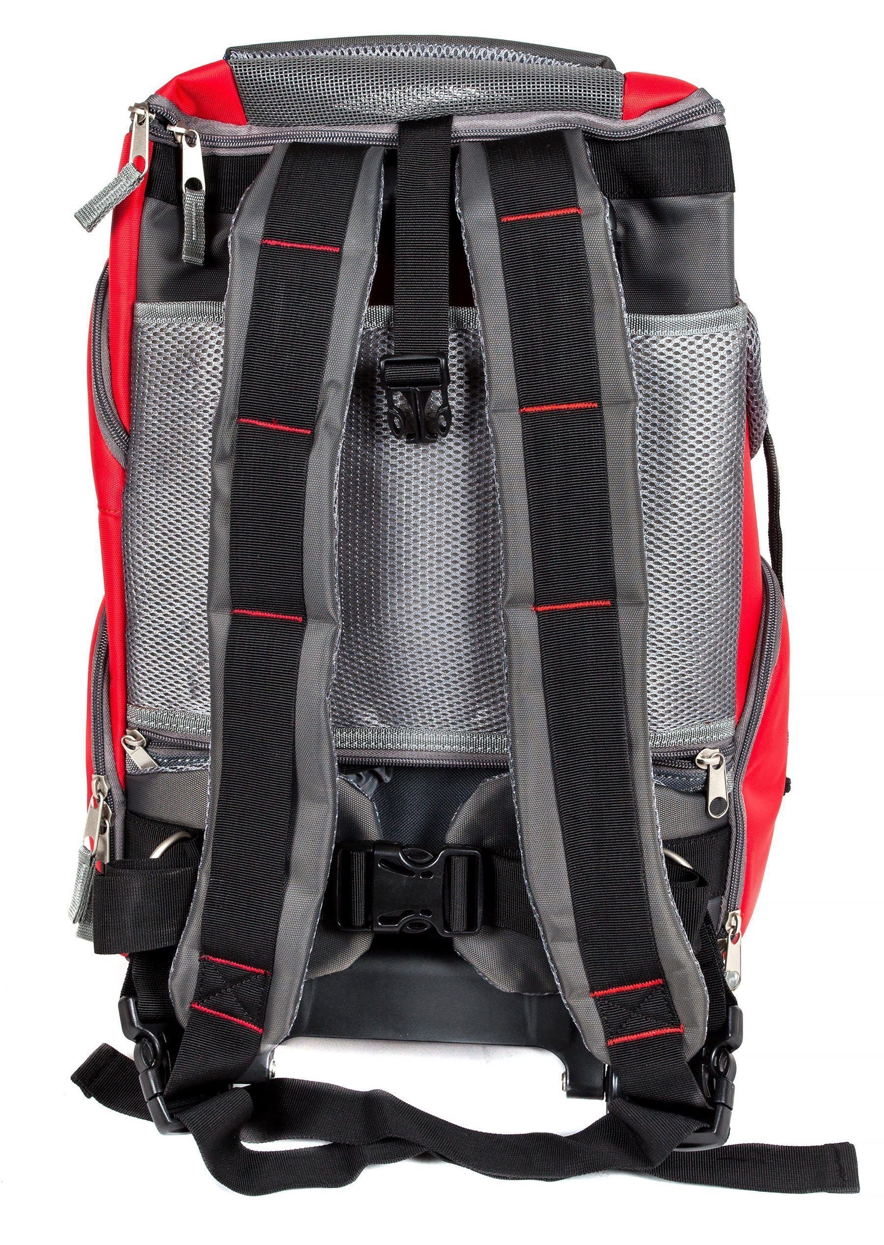 Red pet carrier backpack with black padded harness straps and mesh back panel