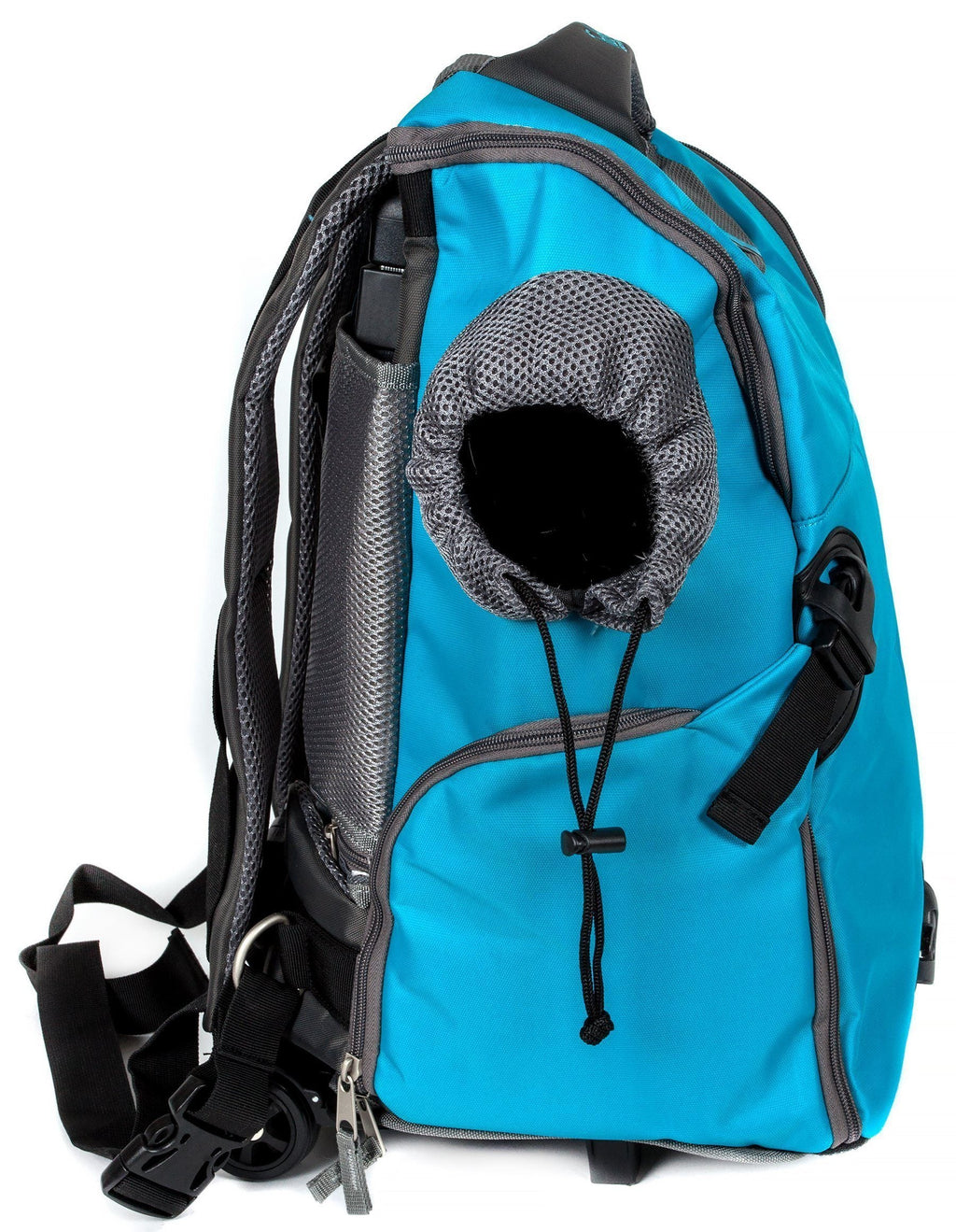 Blue pet backpack carrier with front mesh tunnel and shoulder straps