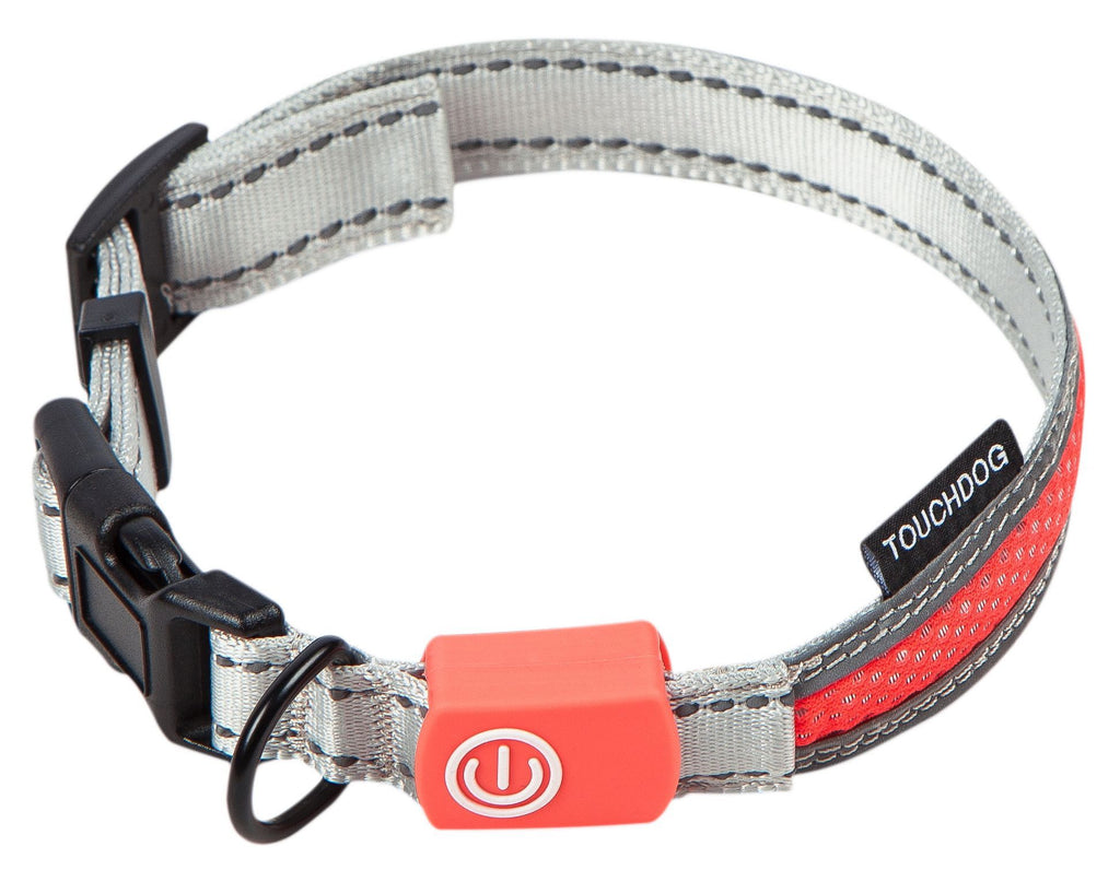 Gray LED dog collar with red LED band and orange power button module